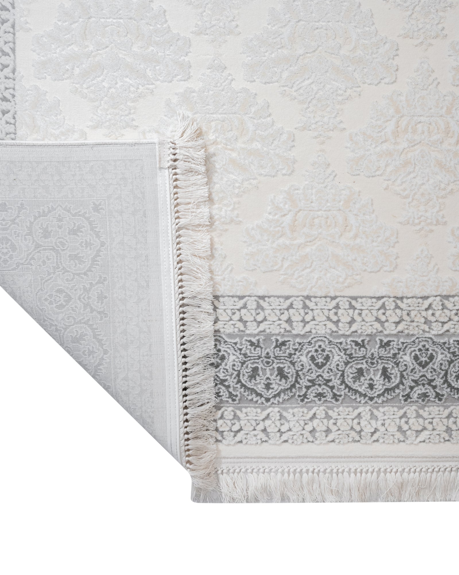 Geometric Area Rug – Machine Made Beige Acrylic Floor Covering With Fringed Edges