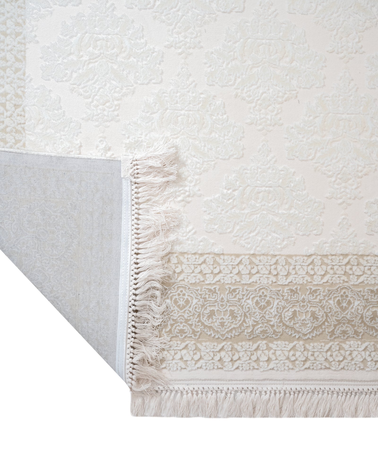 Beige Geometric Area Rug - Machine Made Acrylic Carpet with Fringed Edges
