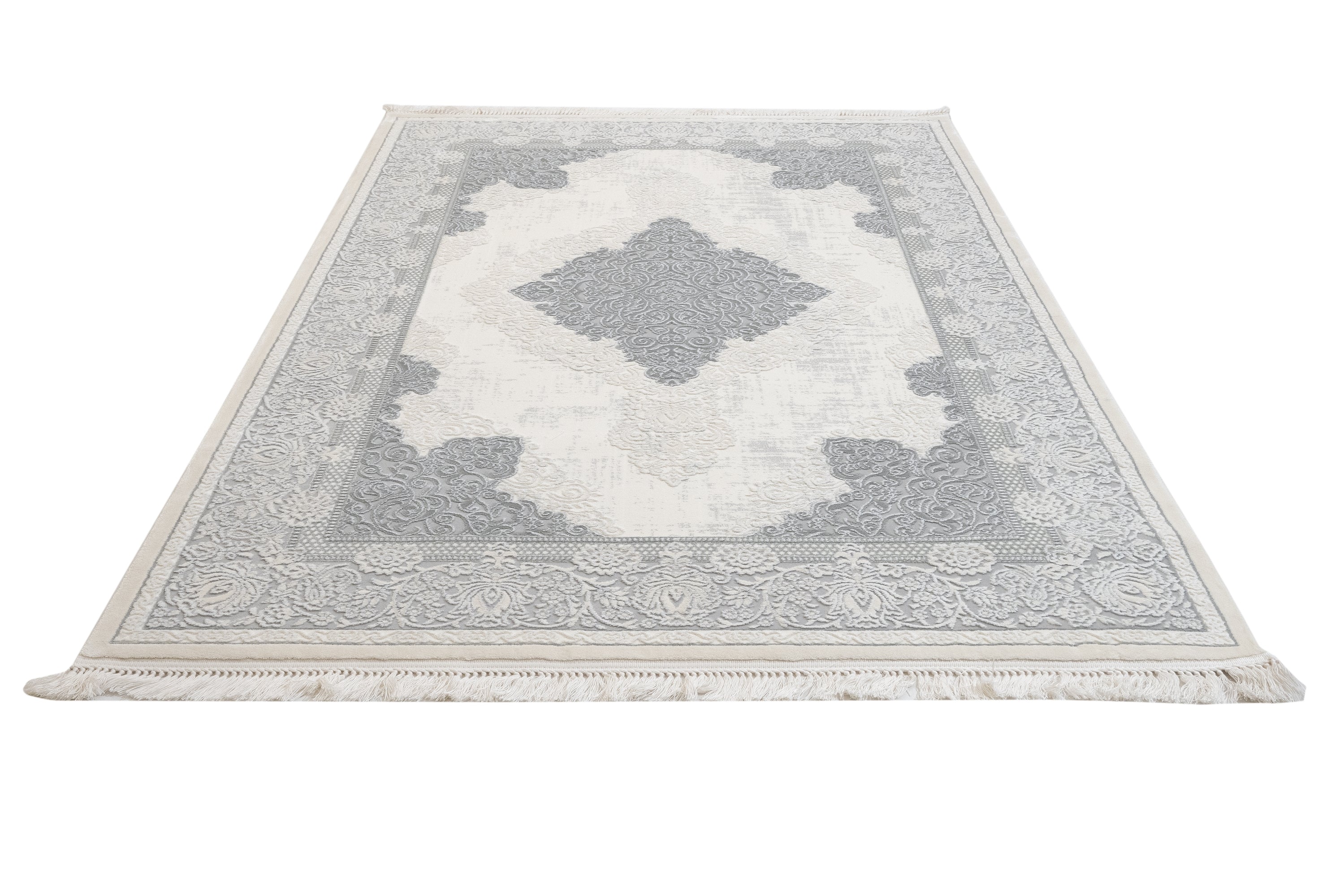 Classic Area Rug – Machine Made Cream Acrylic Carpet with Fringed Edges