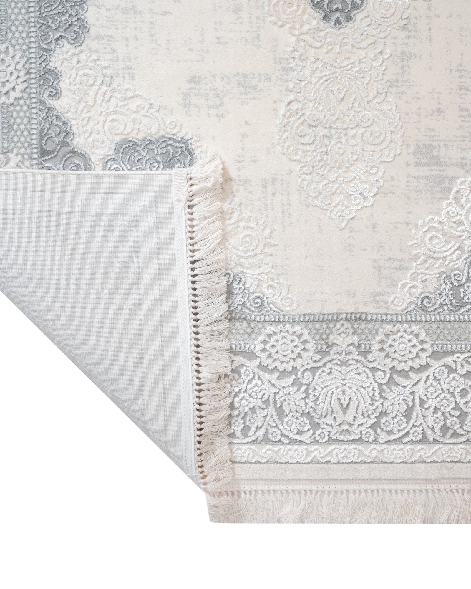 Classic Area Rug – Machine Made Cream Acrylic Carpet with Fringed Edges
