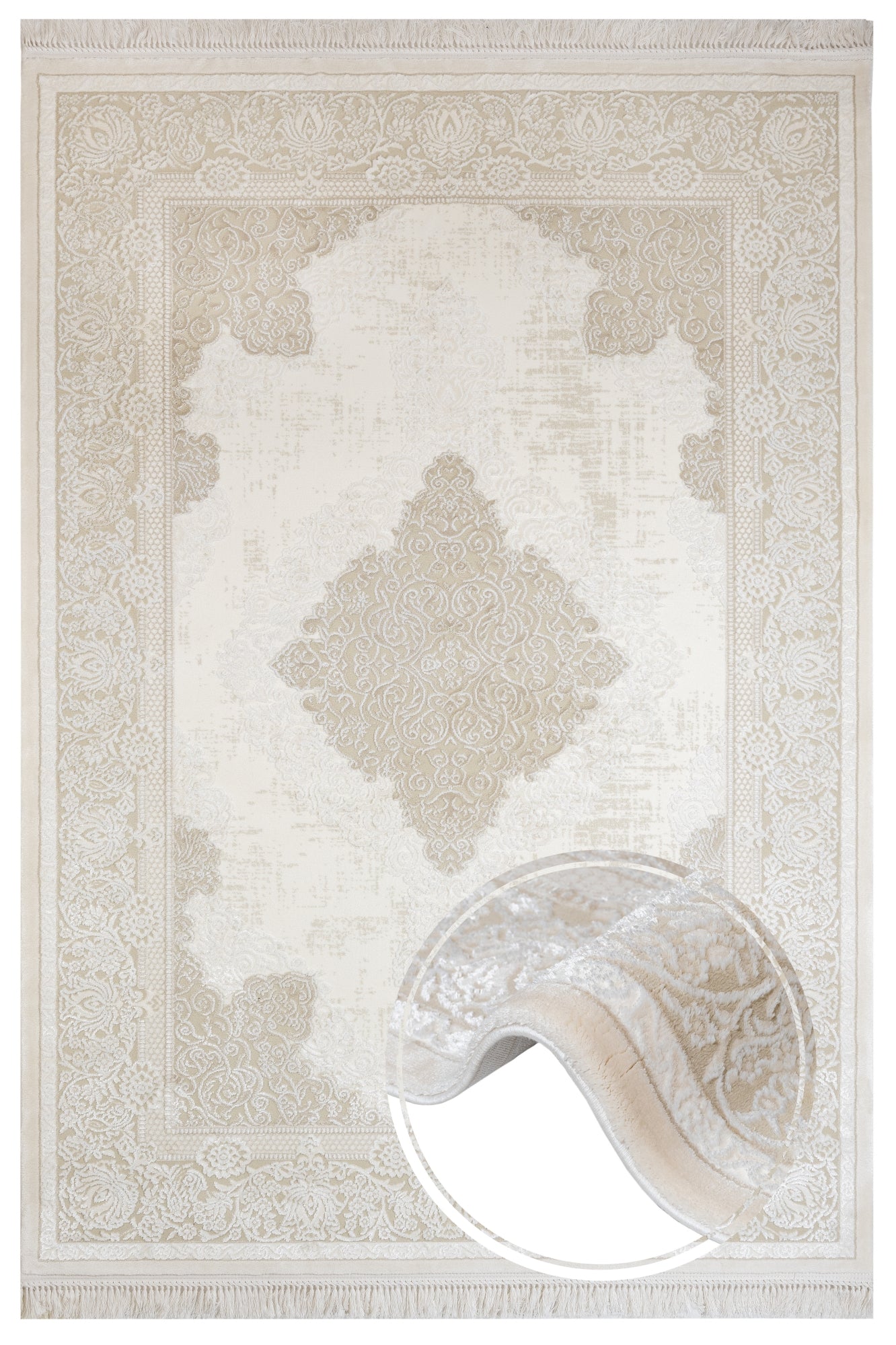 Classic Area Rug - Machine Made Fuchsia Beige Acrylic Carpet With Fringed Edges