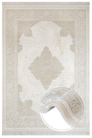 Classic Area Rug - Machine Made Fuchsia Beige Acrylic Carpet With Fringed Edges