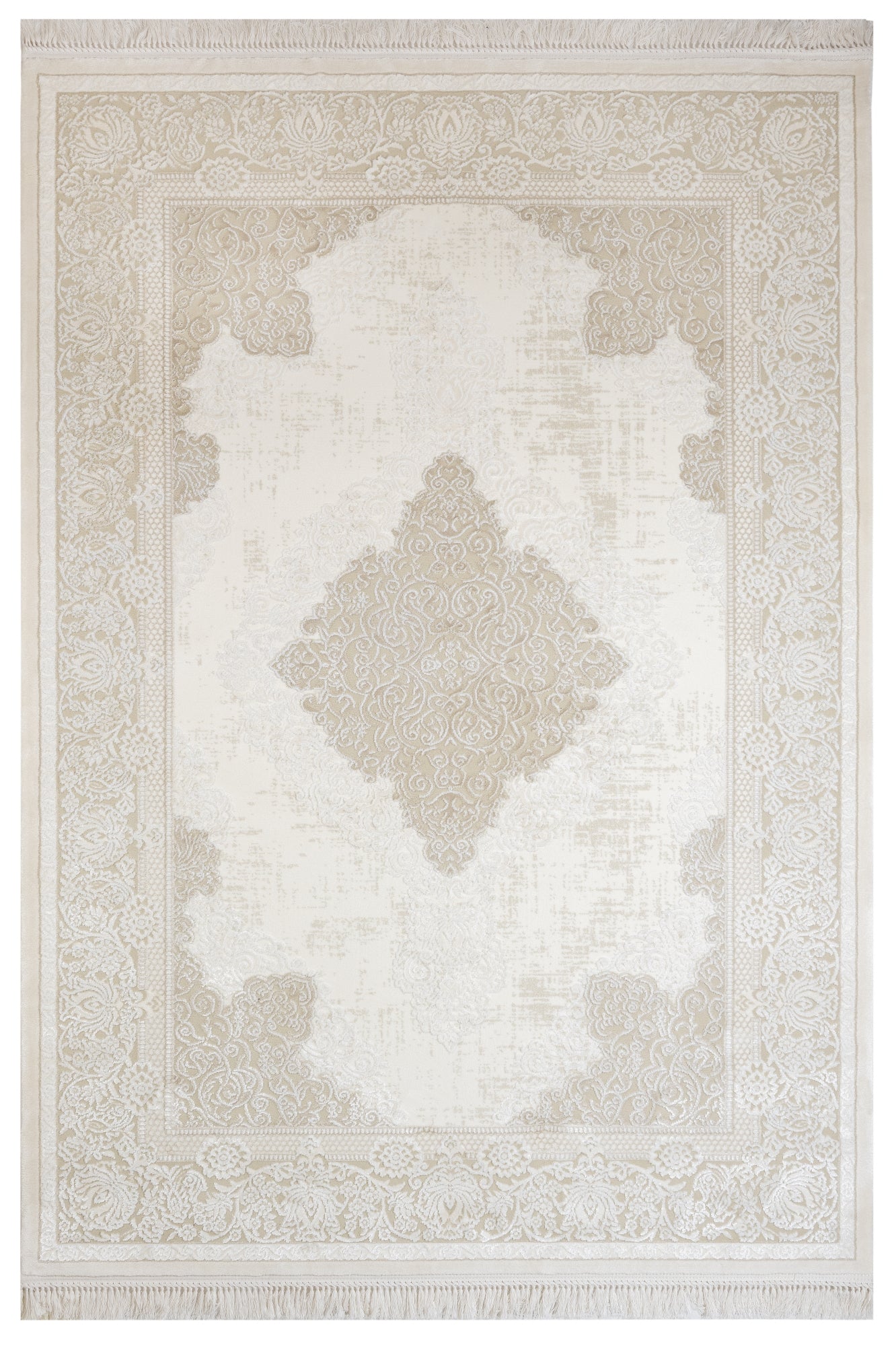 Classic Area Rug - Machine Made Fuchsia Beige Acrylic Carpet With Fringed Edges