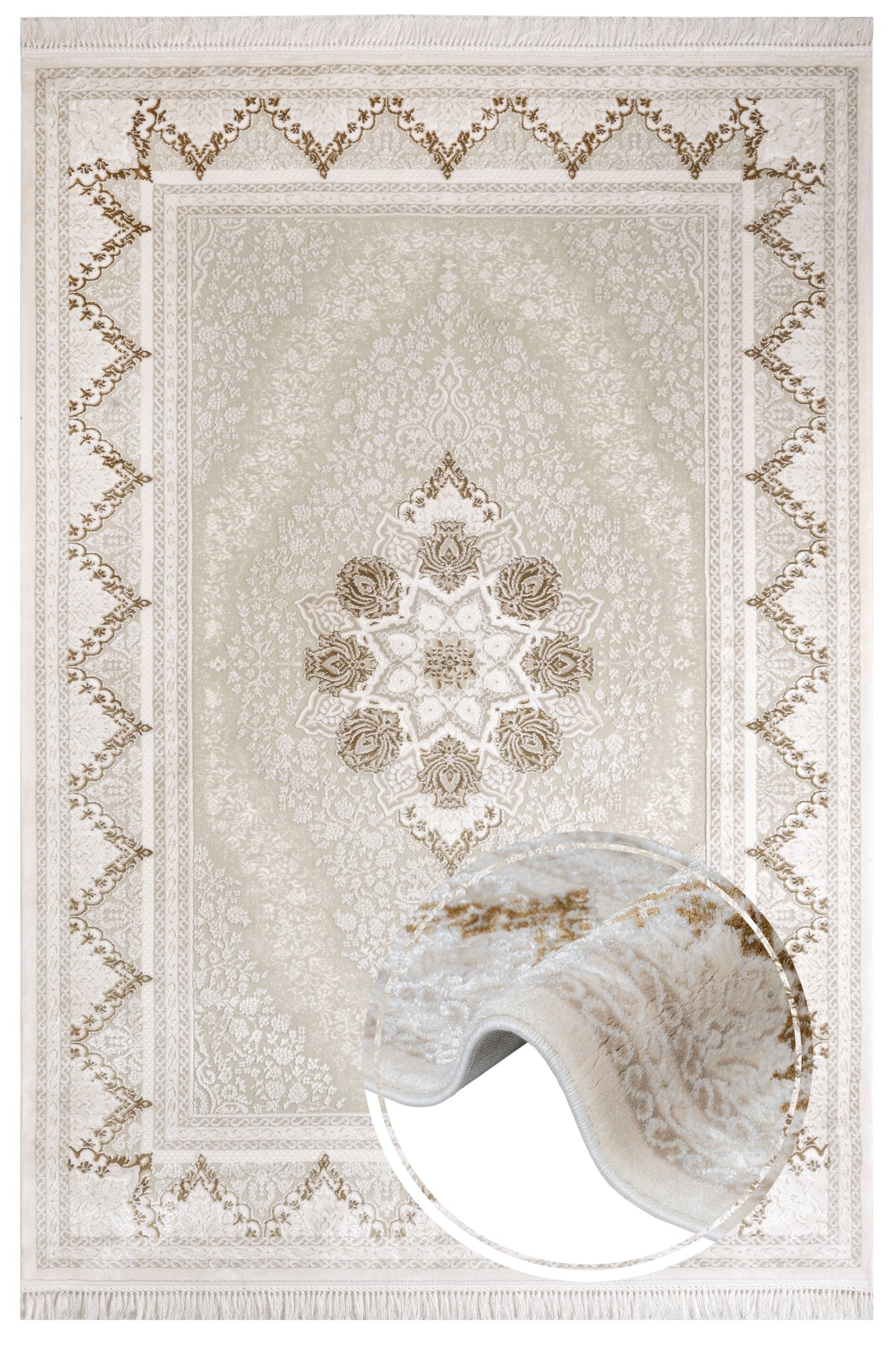 Classic Area Rug – Beige Machine Made Rug with Fringed Edges for Living Room
