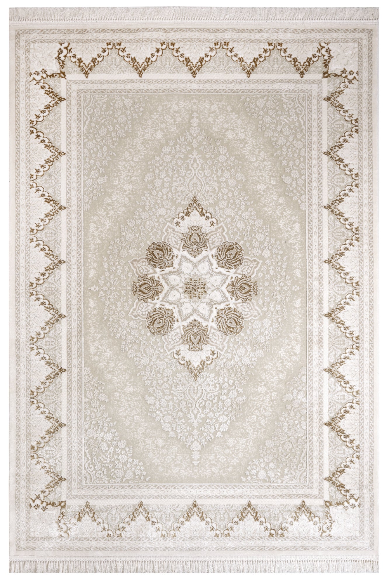 Classic Area Rug – Beige Machine Made Rug with Fringed Edges for Living Room