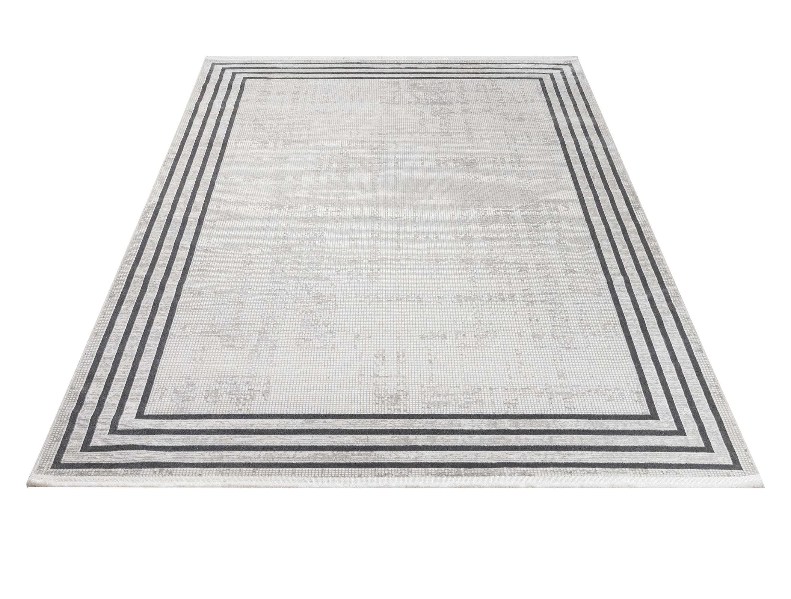 Cotton Area Rug - Hanife Grey Frame Machine Made Non Slip Washable Carpet