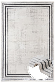 Cotton Area Rug - Hanife Grey Frame Machine Made Non Slip Washable Carpet