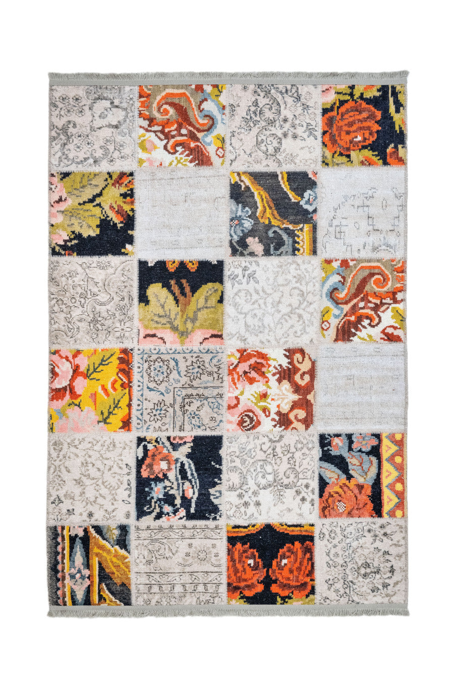 Patchwork Area Rug - White Cotton Chenille Carpet With Digital Print Design