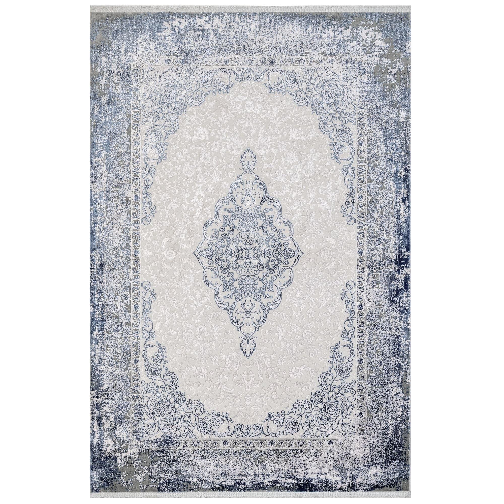 Blue Classic Area Rug – Machine Made Acrylic Carpet With Fringed Edges