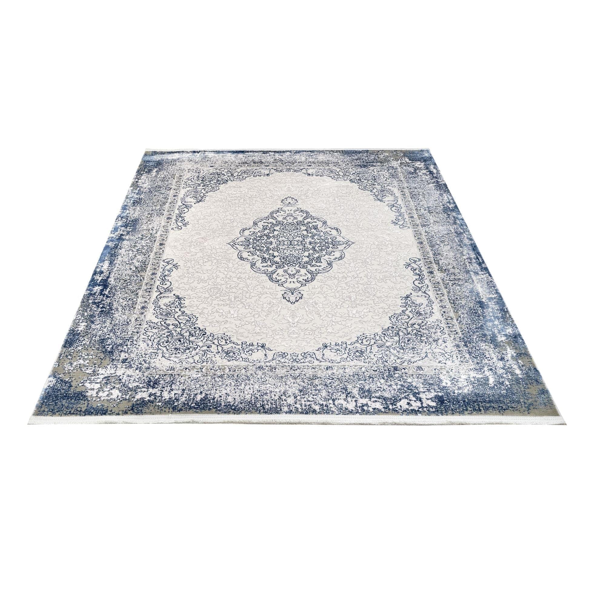Blue Classic Area Rug – Machine Made Acrylic Carpet With Fringed Edges