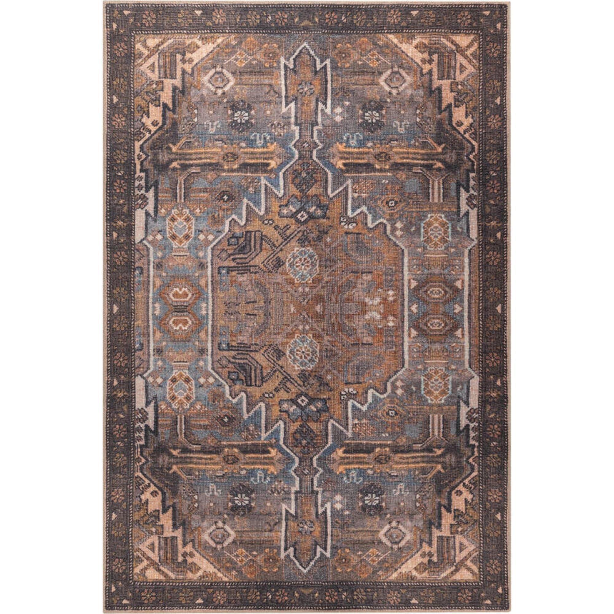 Digital Print Area Rug – Washable Non Slip Brown Medallion Cotton Carpet