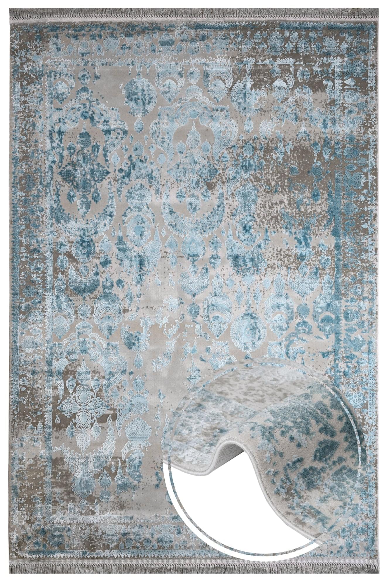 Vintage Viscose Area Rug – Blue Machine Made Fringed Edge Carpet for Living Room