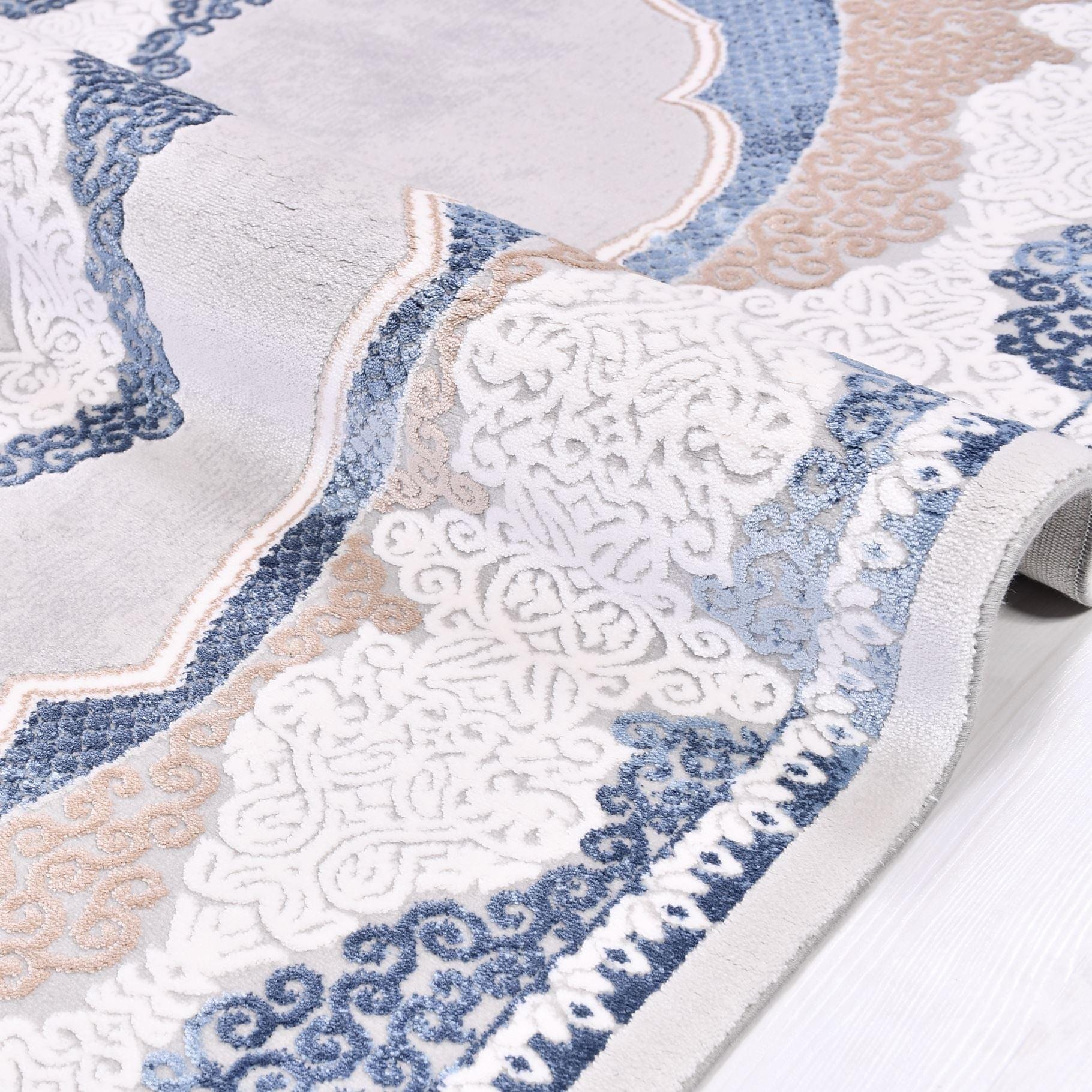 Machine Made Area Rug – Classic Grey Blue Frame Rug with Overlocked Edge