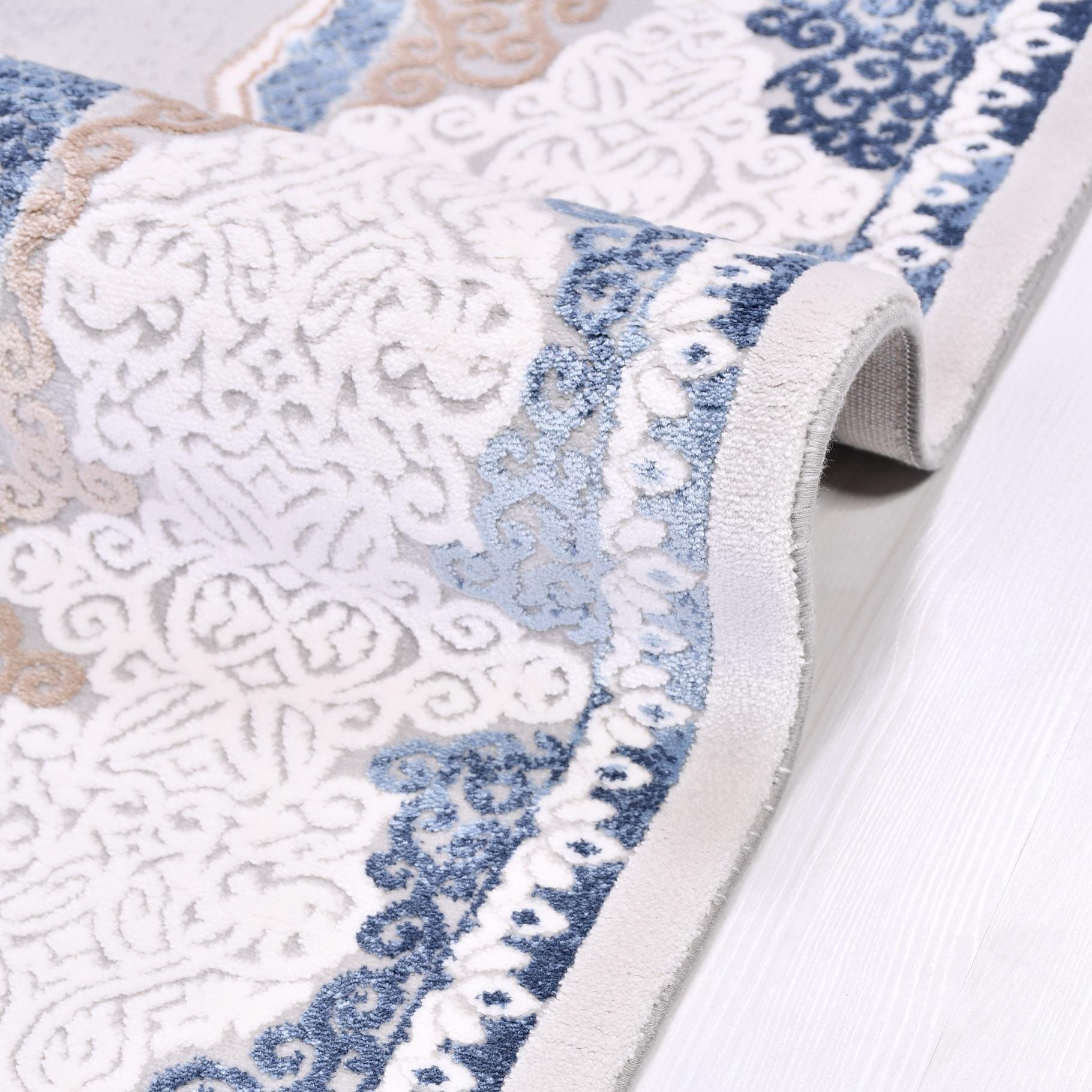 Machine Made Area Rug – Classic Grey Blue Frame Rug with Overlocked Edge