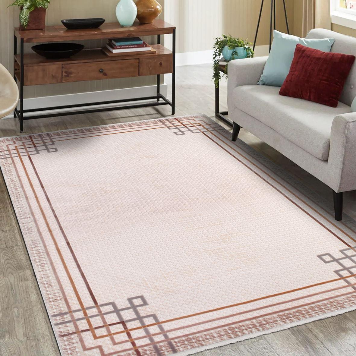 Viscose Area Rug – Machine Made Cream Frame Rug With Overlocked Edge