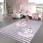 Kids Digital Print Rug - Washable Non Slip Pink Chenille & Cotton Yarn Carpet