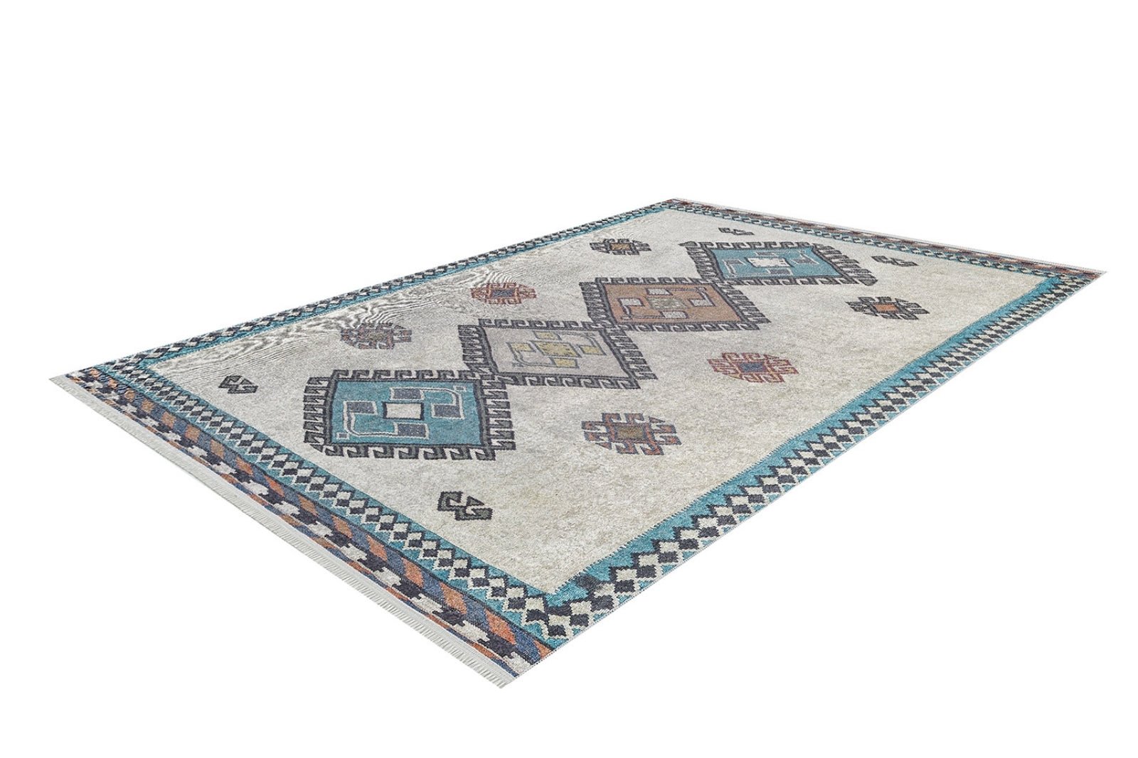 Beige Geometric Area Rug - Digital Print Carpet, Non Slip, Antibacterial, Washable Floor Rug