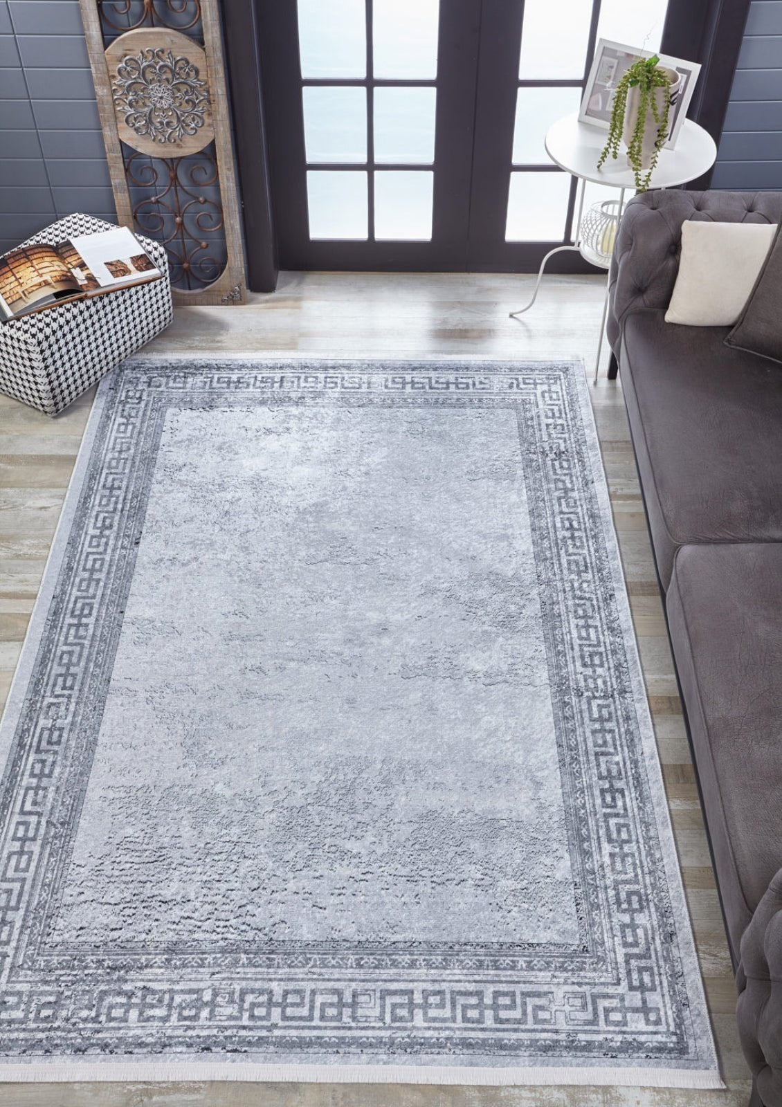 Grey Area Rug – Digital Print Frame Design | Non Slip Antibacterial Carpet