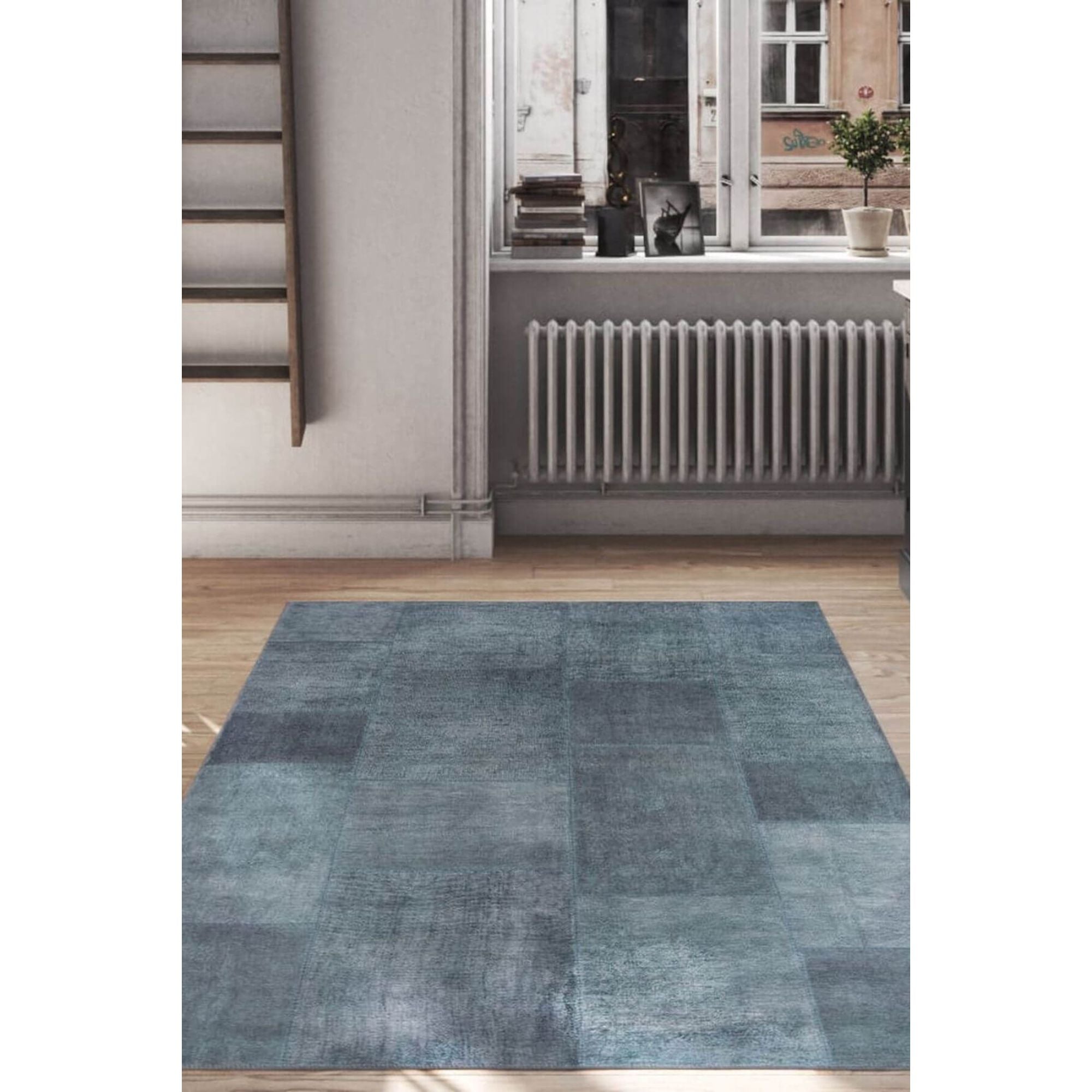 Blue Patchwork Area Rug – Washable Non Slip Cotton Carpet for Living Room