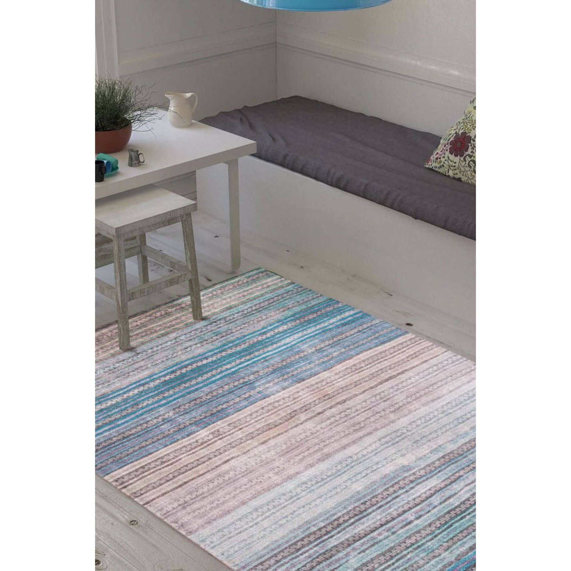 Blue Striped Area Rug – Washable Non Slip Cotton Area Rug for Living Room