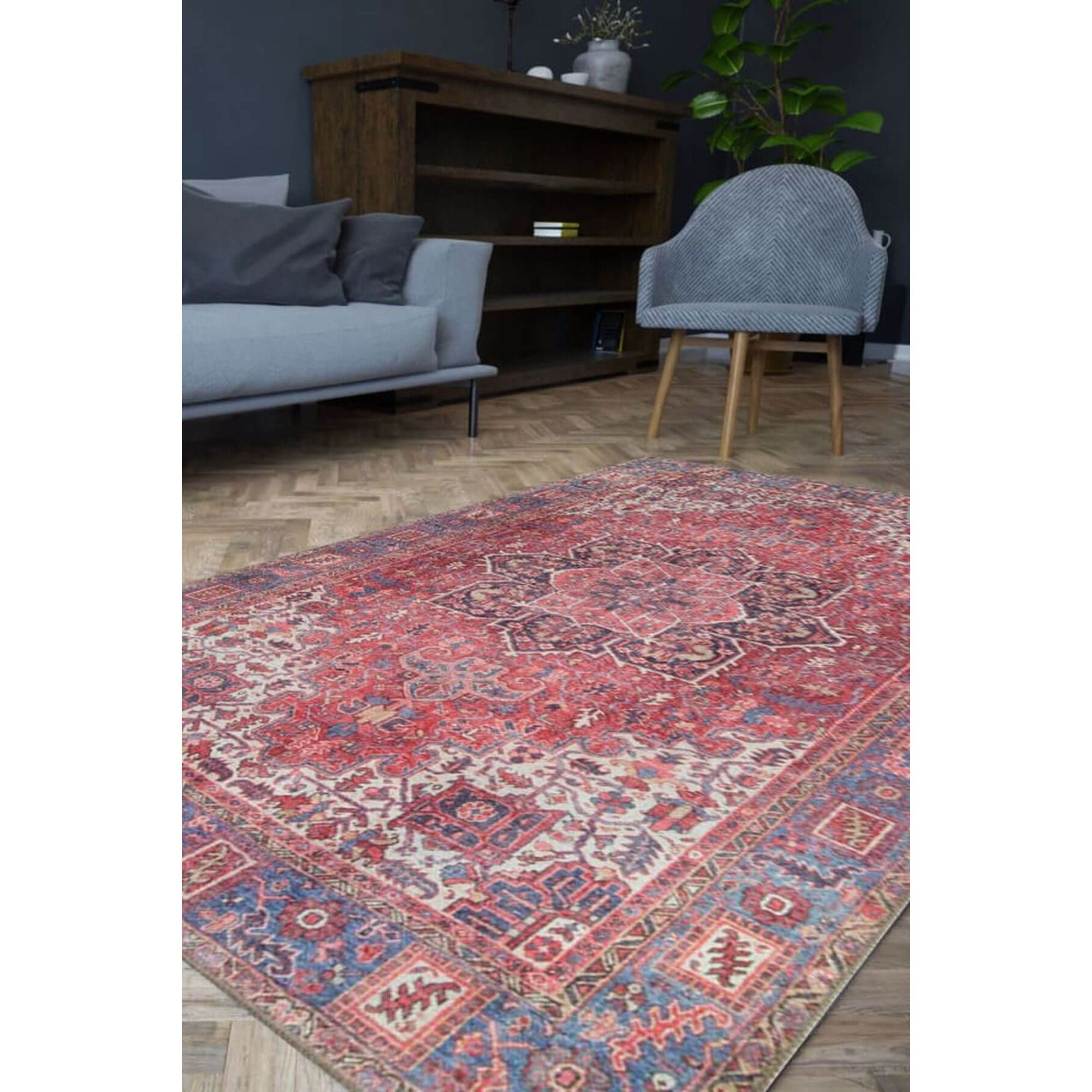 Digital Print Area Rug - Washable Non Slip Red Medallion Cotton Carpet