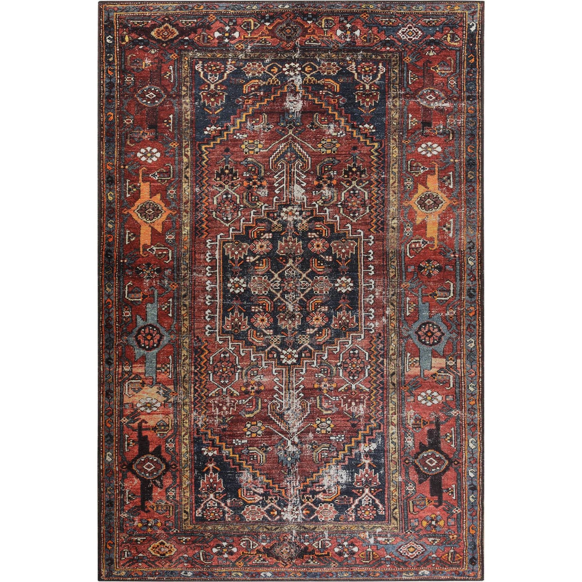 Red Ethnic Area Rug – Washable Non Slip Cotton Floor Rug with Geometric Style