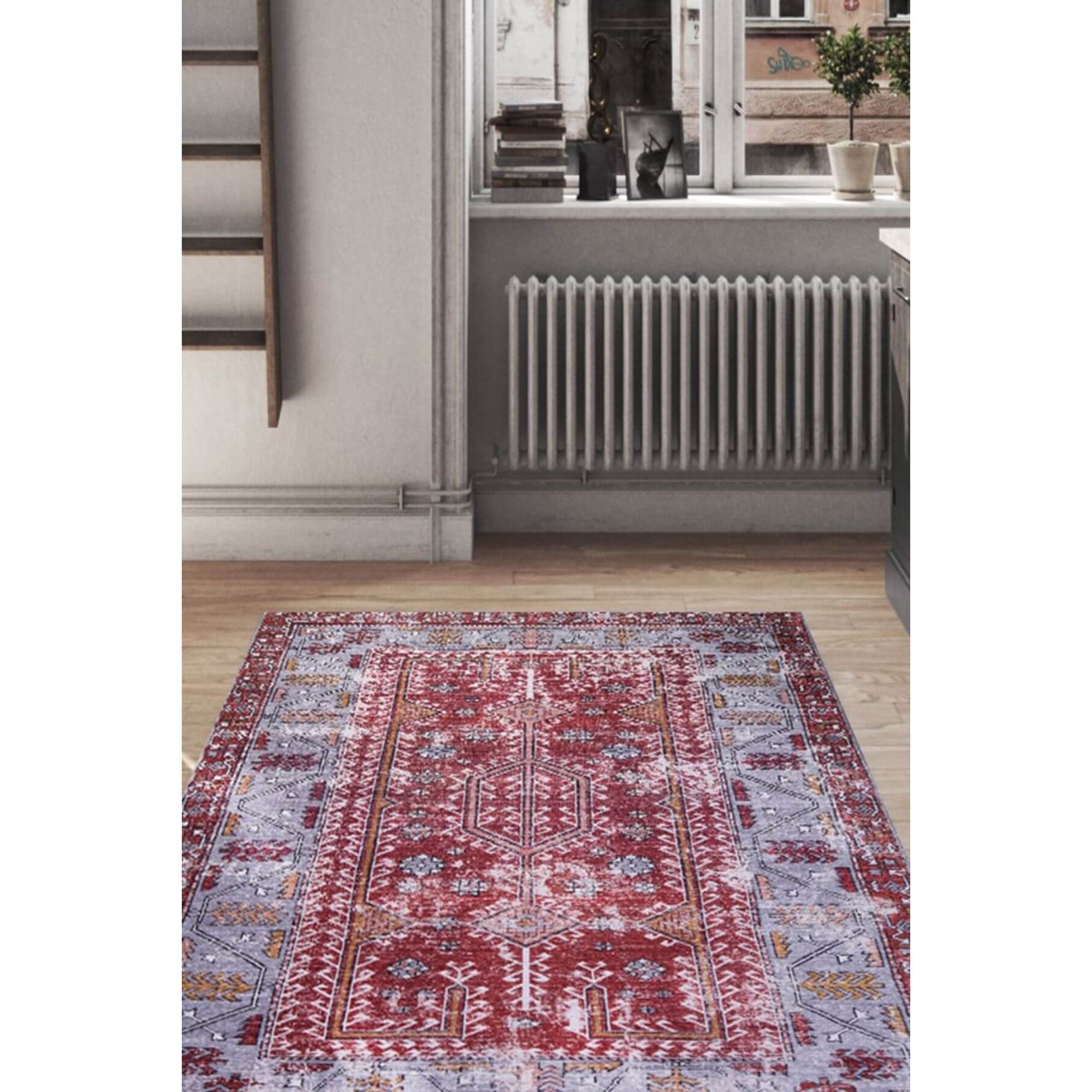 Vintage Area Rug - Burgundy Cotton Washable Non Slip Soft Microfiber Carpet