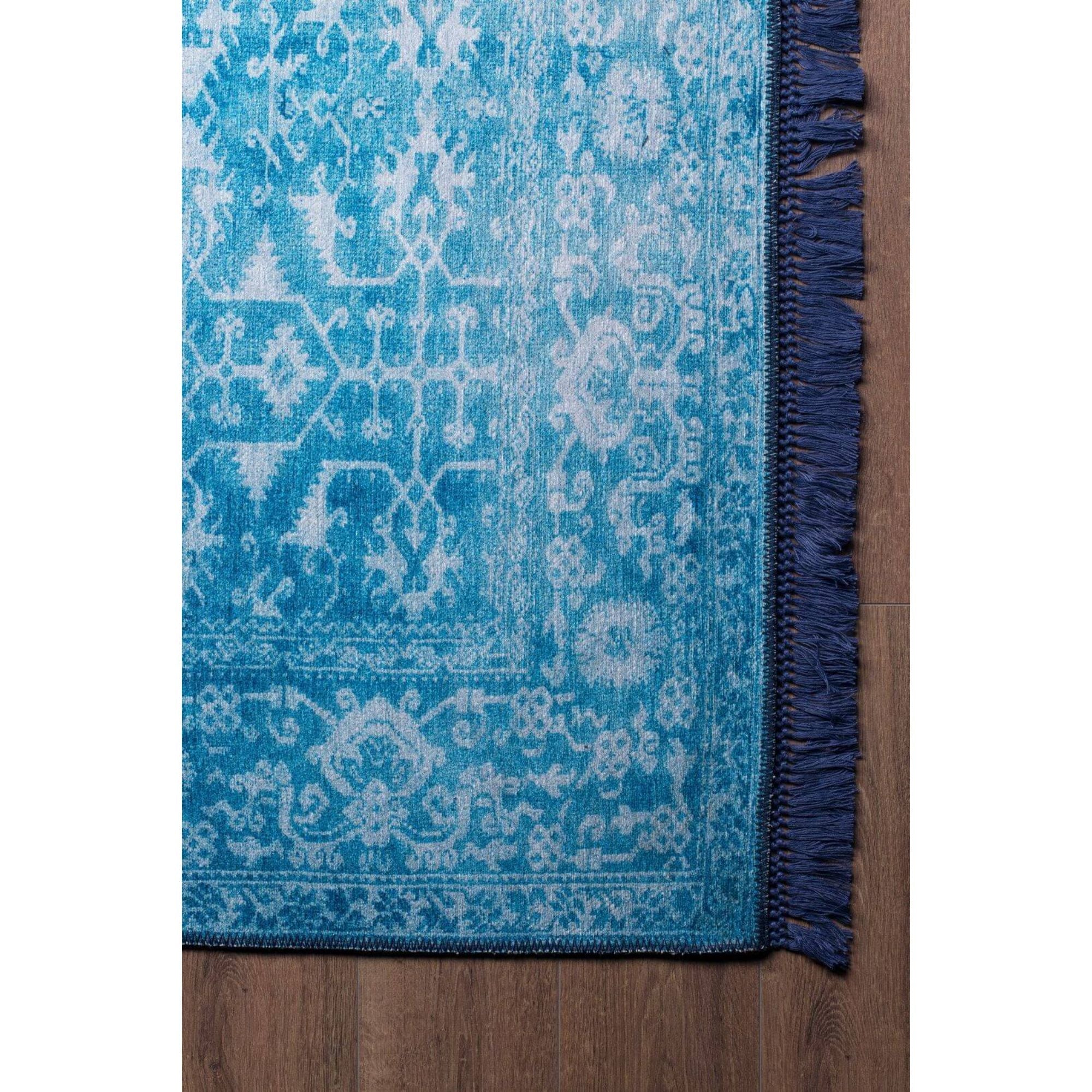 Vintage Cotton Area Rug - Blue Machine Woven Washable Non Slip Carpet