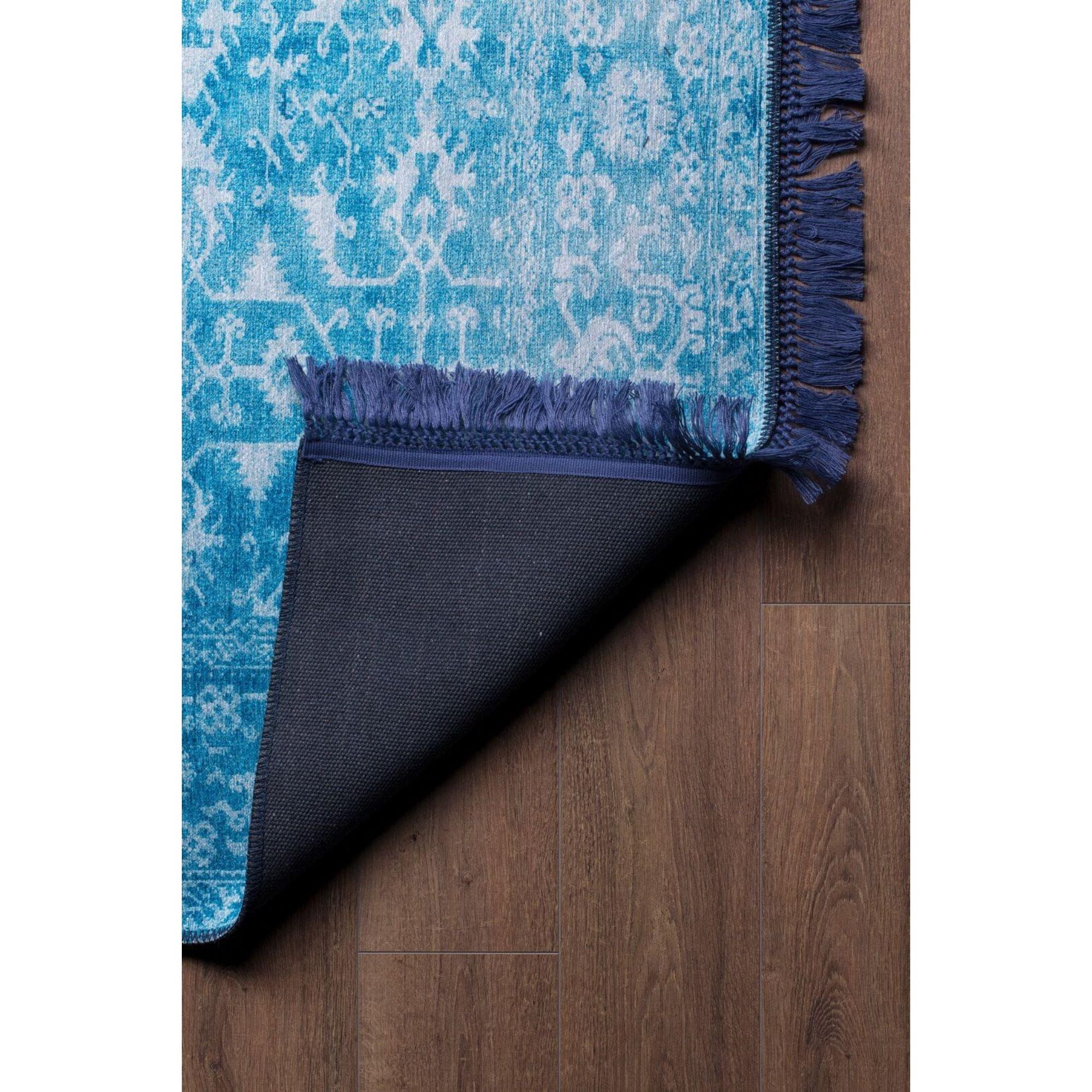 Vintage Cotton Area Rug - Blue Machine Woven Washable Non Slip Carpet