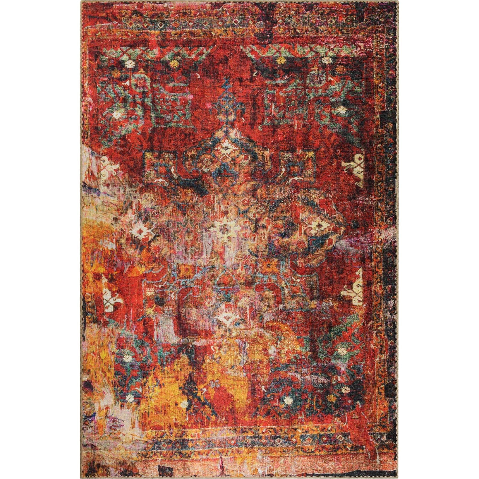 Digital Print Area Rug - Washable Non Slip Red Medallion Cotton Carpet