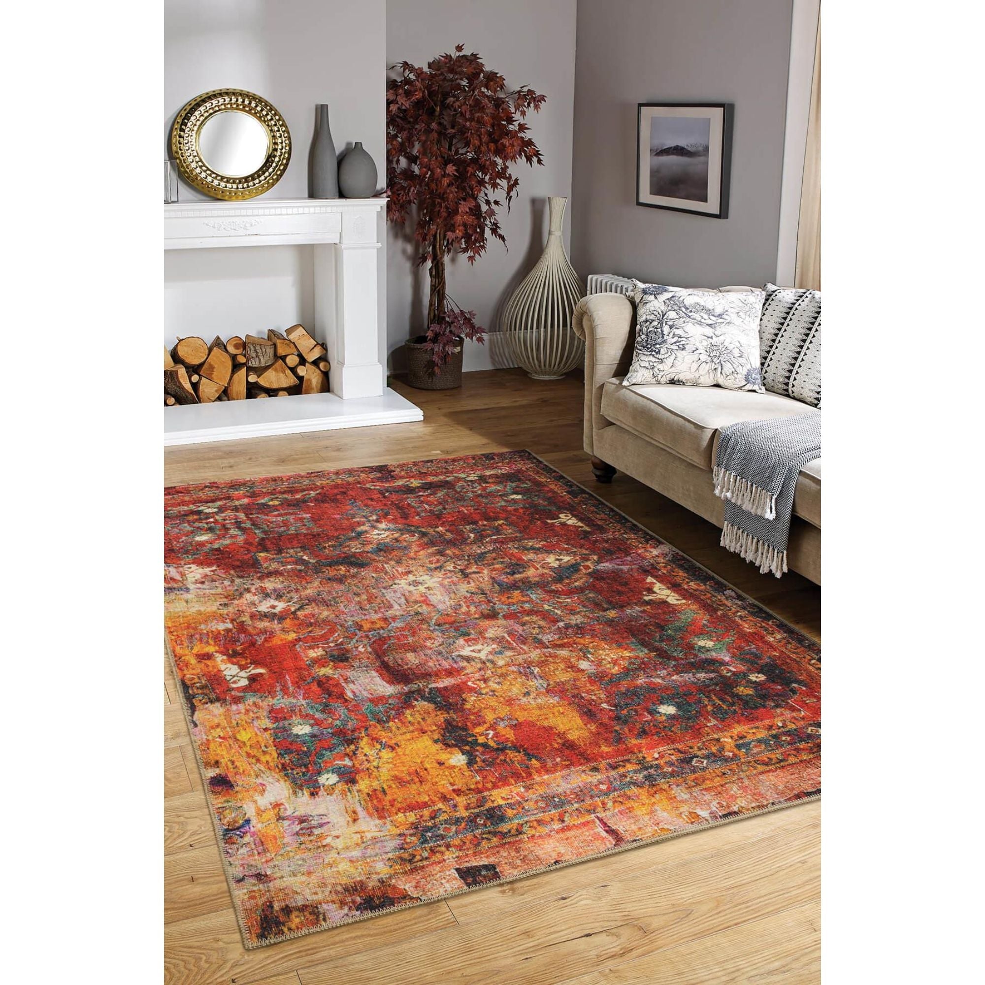 Digital Print Area Rug - Washable Non Slip Red Medallion Cotton Carpet