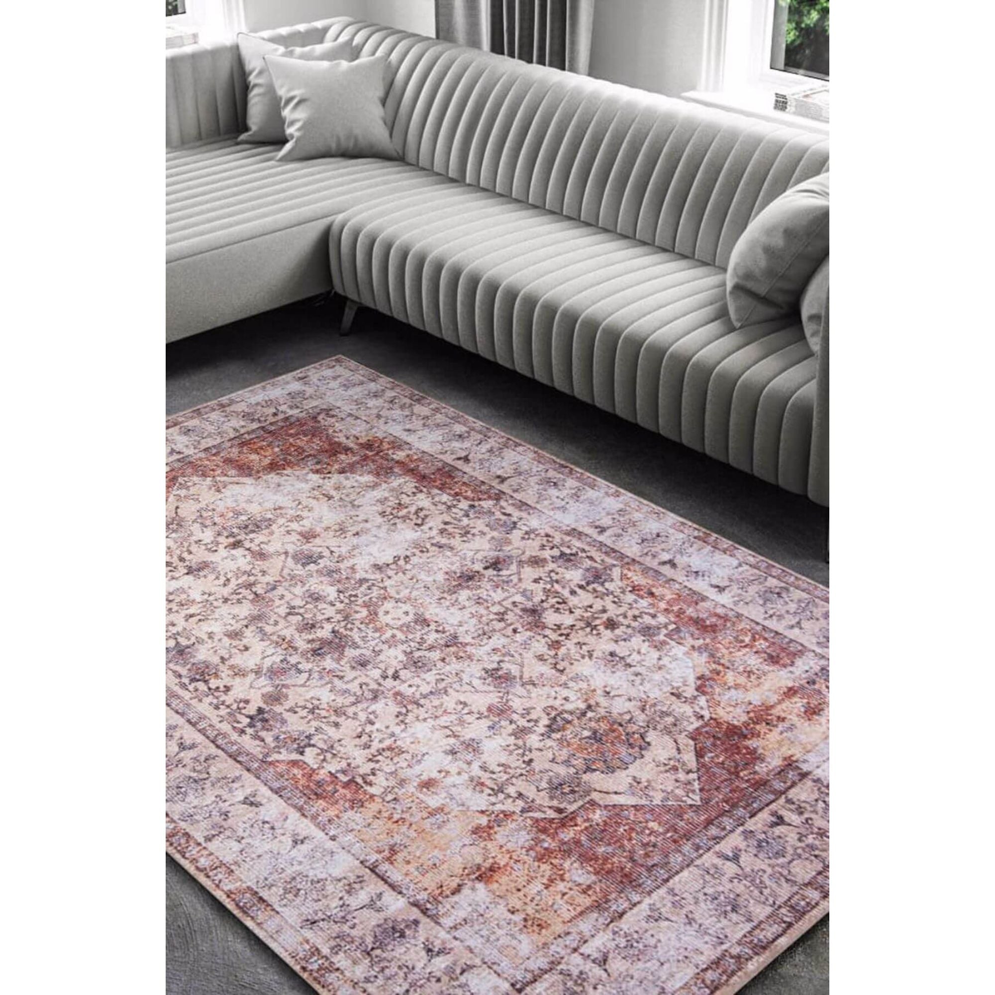 Digital Print Area Rug - Orange Medallion Cotton Washable Non Slip Rug