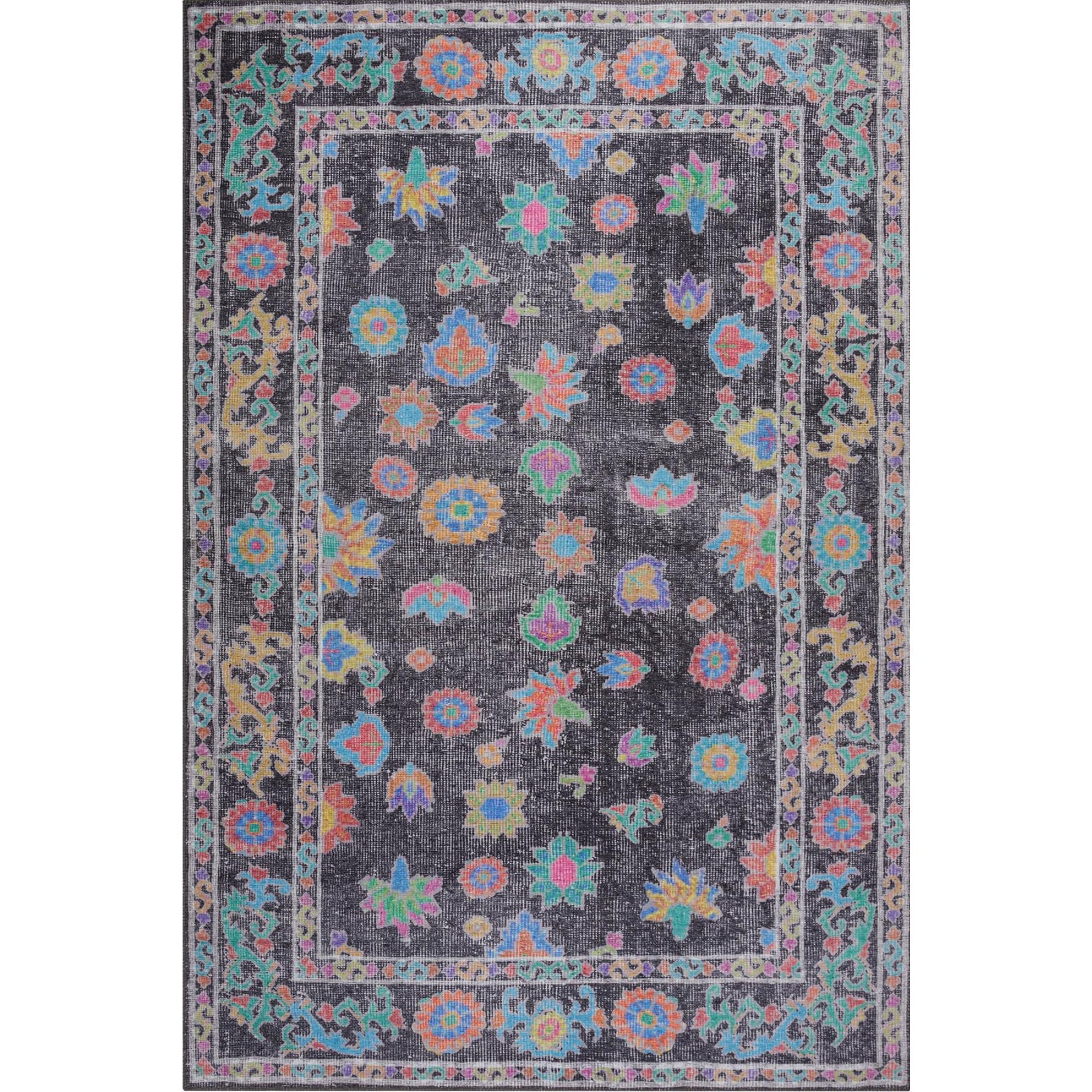 Black Floral Area Rug – Washable Non Slip Cotton Decorative Floor Carpet