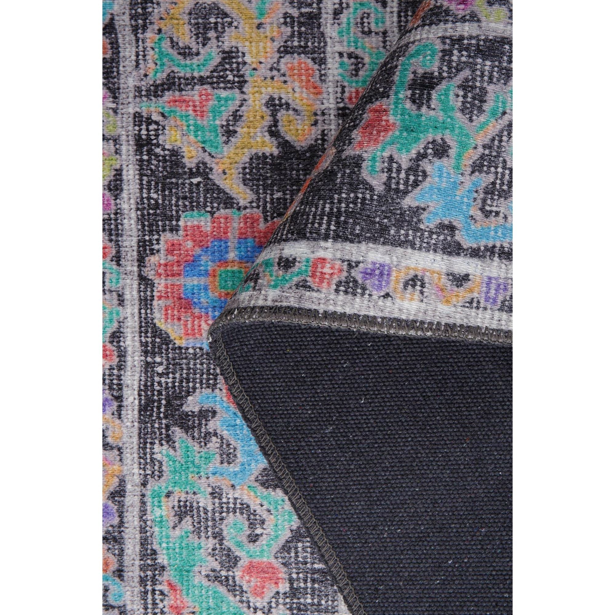 Black Floral Area Rug – Washable Non Slip Cotton Decorative Floor Carpet