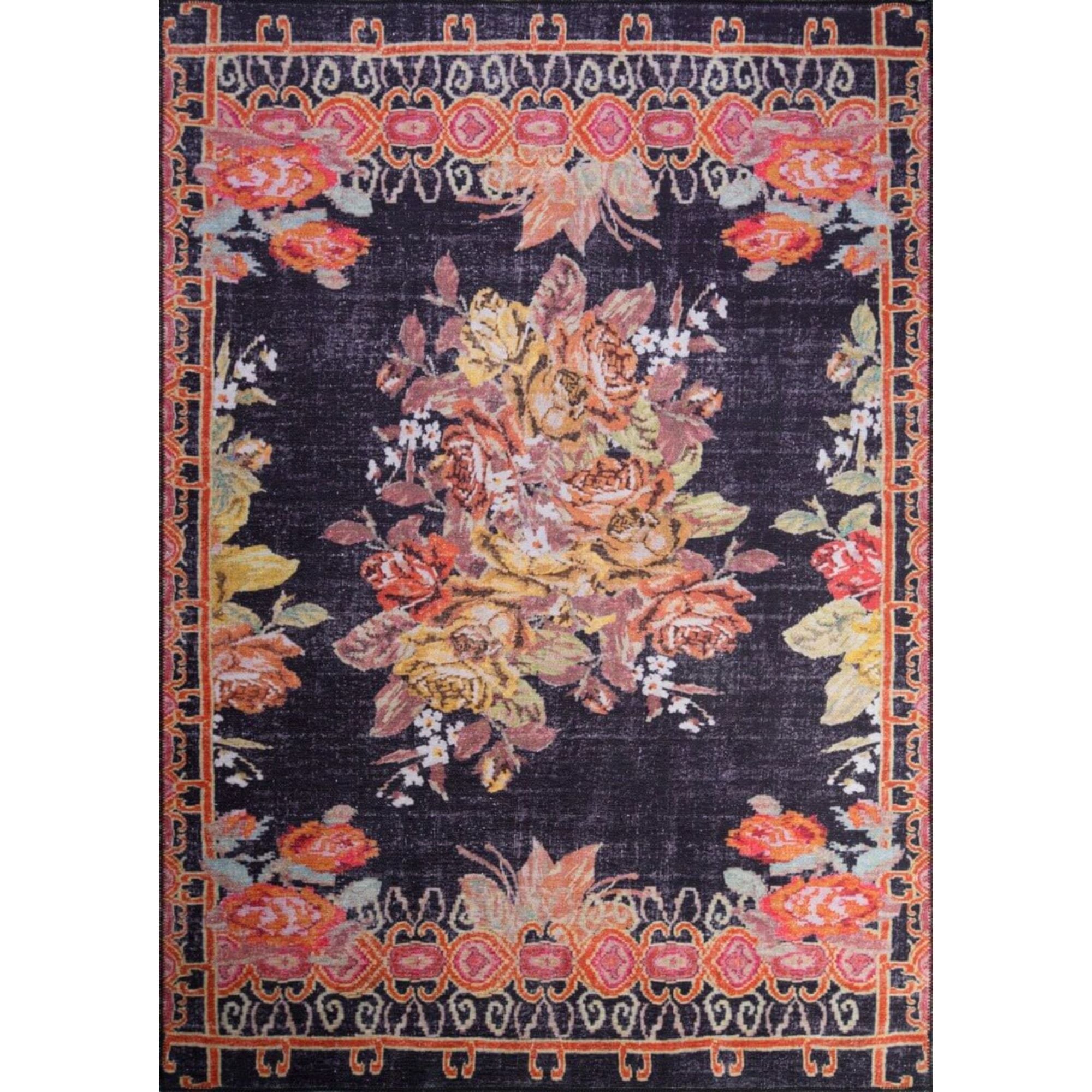 Black Floral Area Rug - Washable Non Slip Cotton Rug With Soft Microfiber & Thick Plush