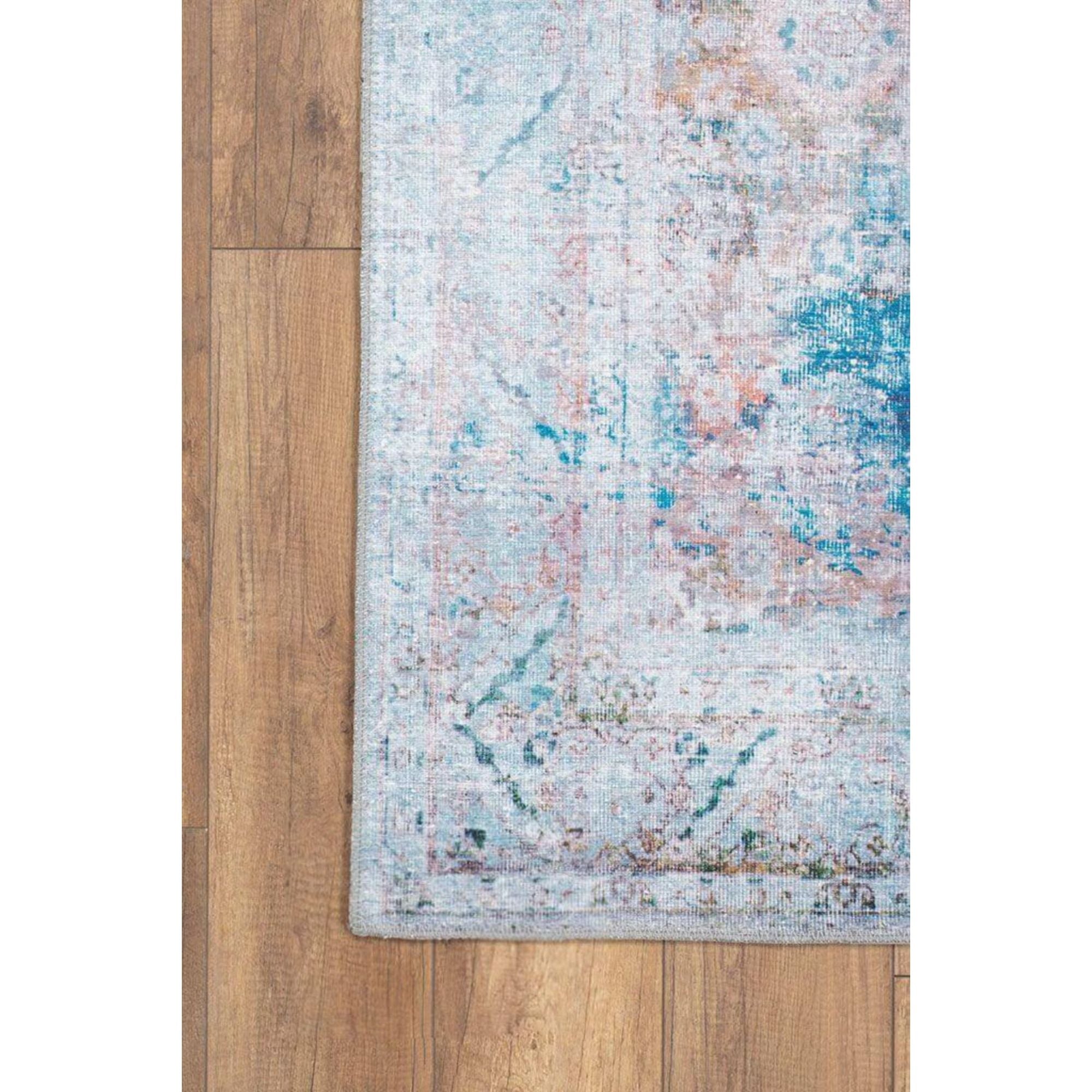 Vintage Cotton Area Rug - Blue Soft Microfiber Carpet | Washable Non Slip Rug