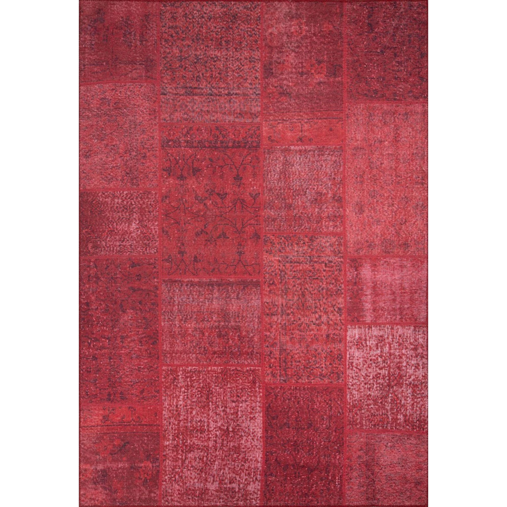 Red Patchwork Area Rug – Washable Non Slip Cotton Microfiber Carpet for Living Room