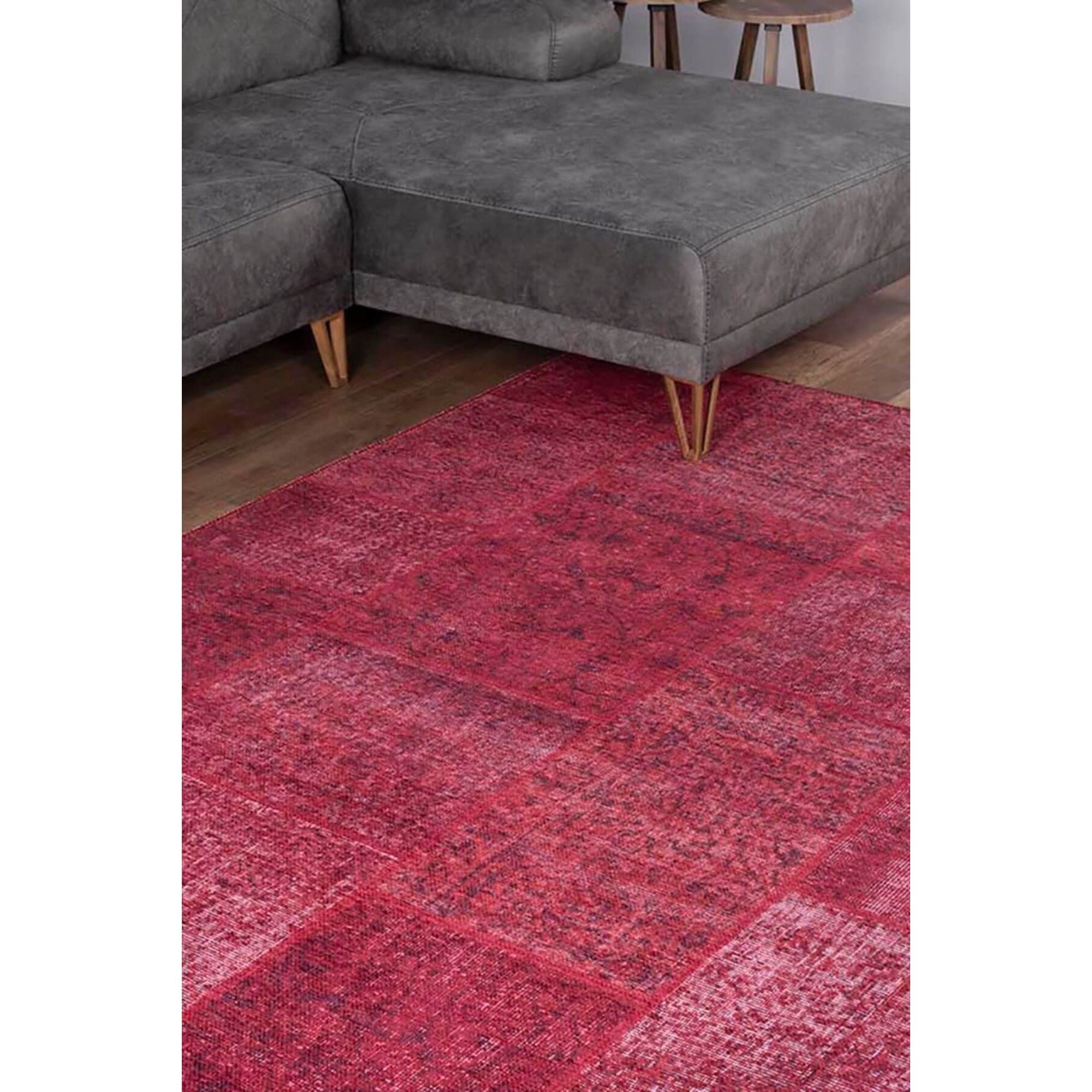 Red Patchwork Area Rug – Washable Non Slip Cotton Microfiber Carpet for Living Room