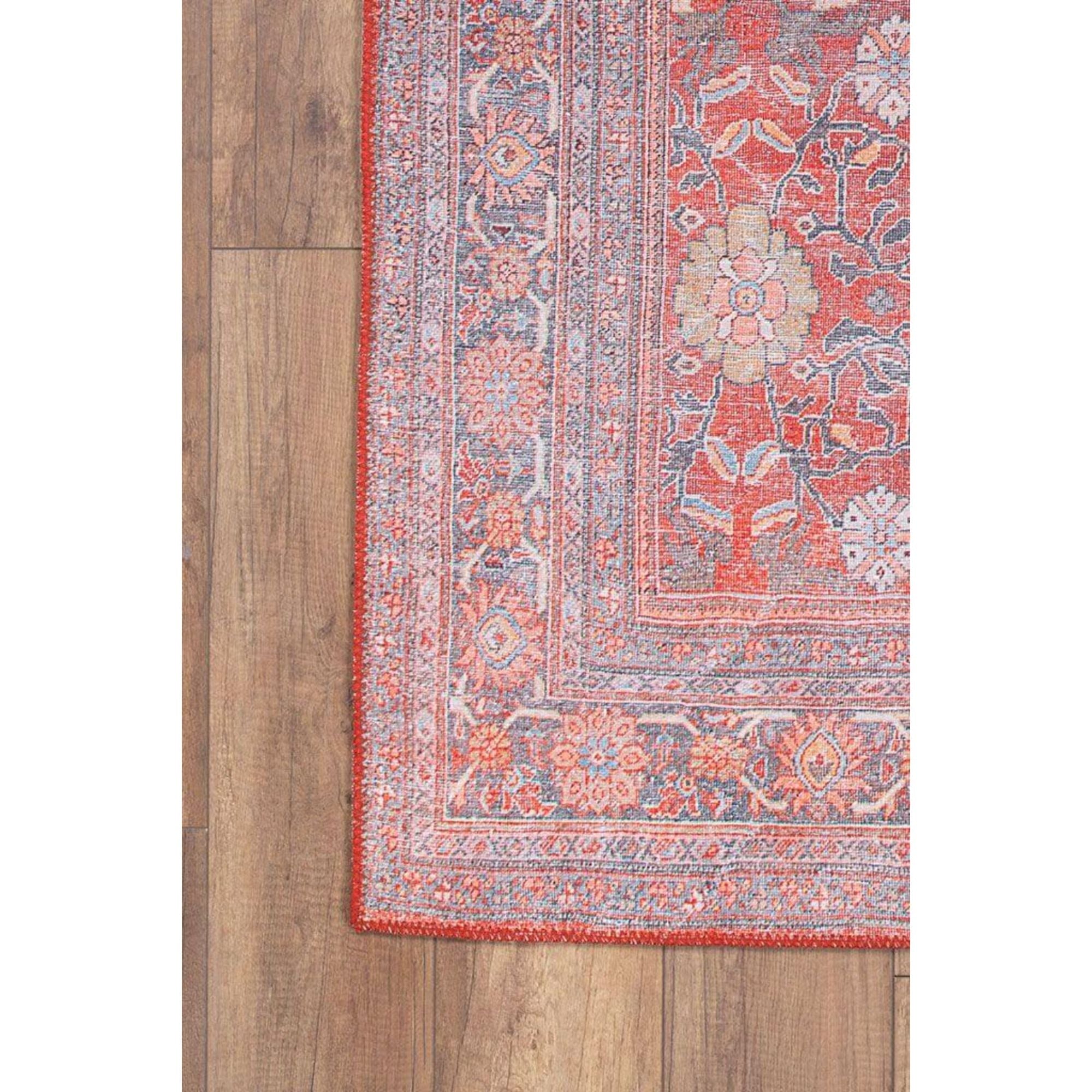 Ethnic Cotton Area Rug – Washable Non Slip Red Patterned Decorative Floor Covering