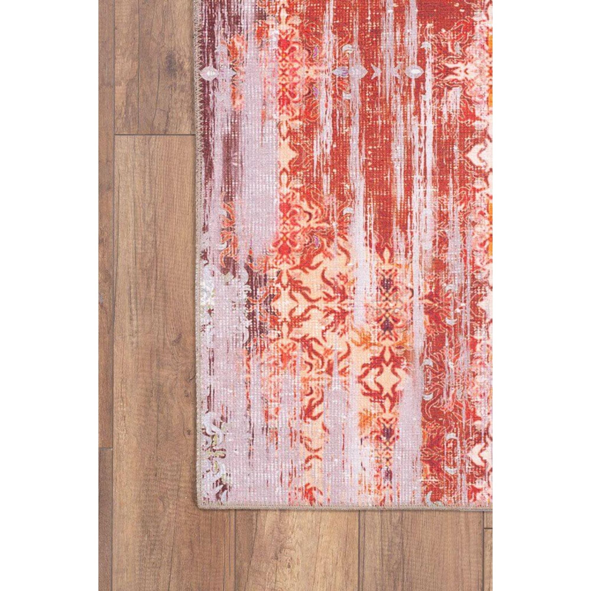 Vintage Cotton Area Rug - Washable Non Slip Red Microfiber Carpet for Living Room