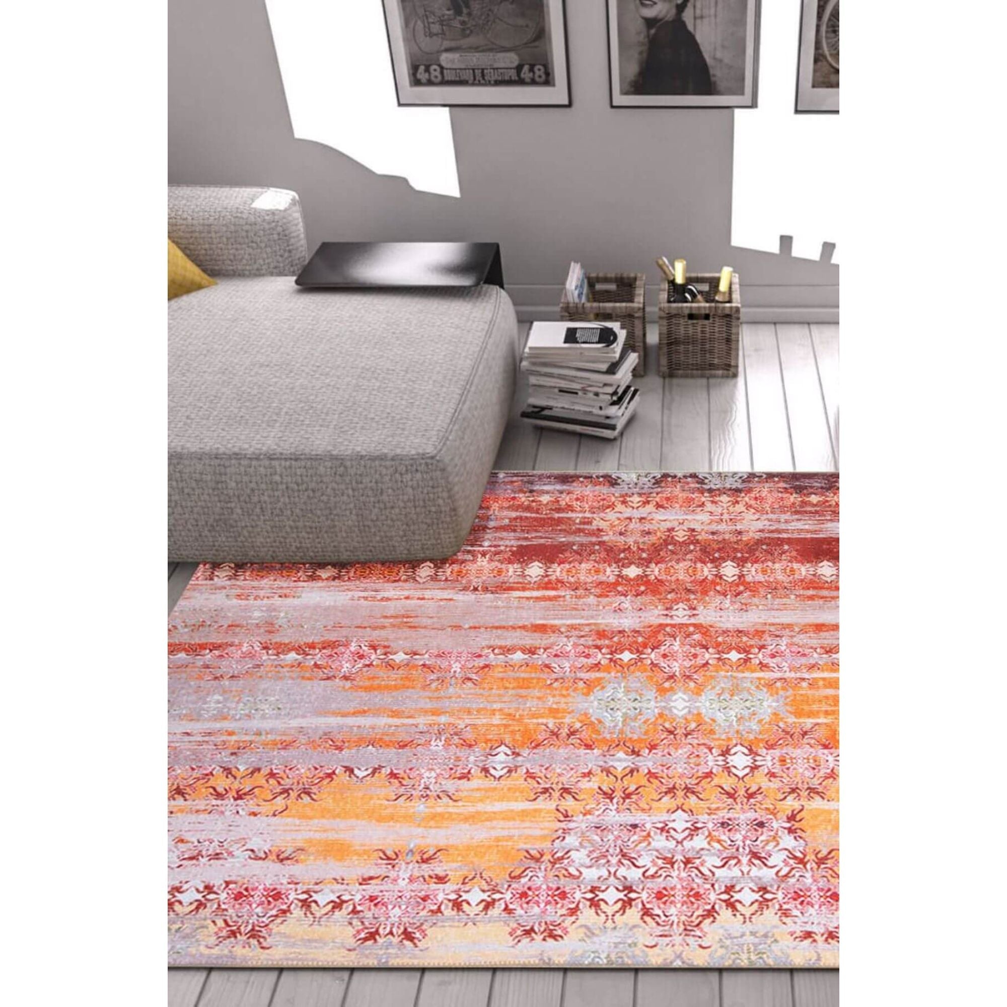 Vintage Cotton Area Rug - Washable Non Slip Red Microfiber Carpet for Living Room