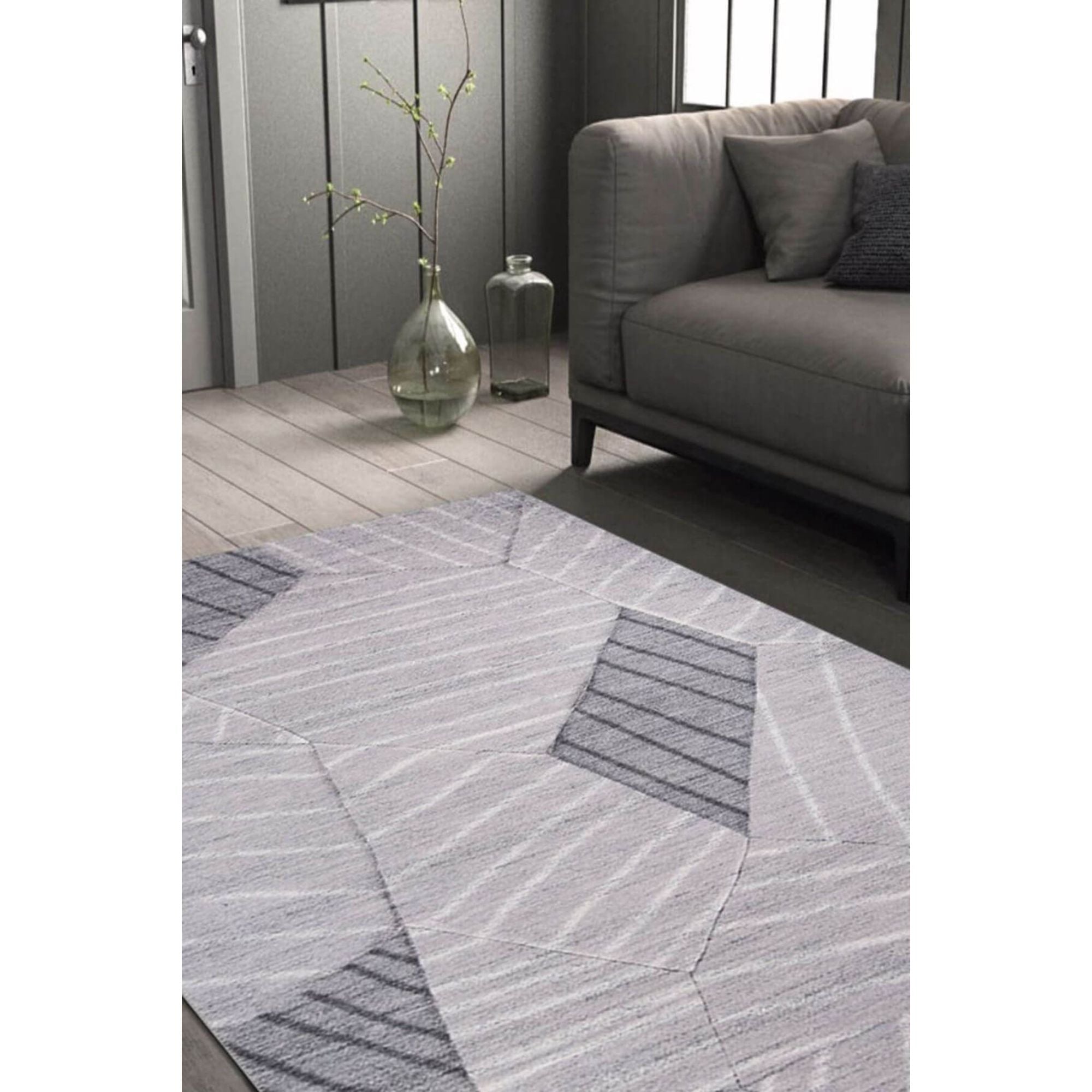 Digital Print Area Rug - Grey Cotton Geometric Washable Non Slip Carpet