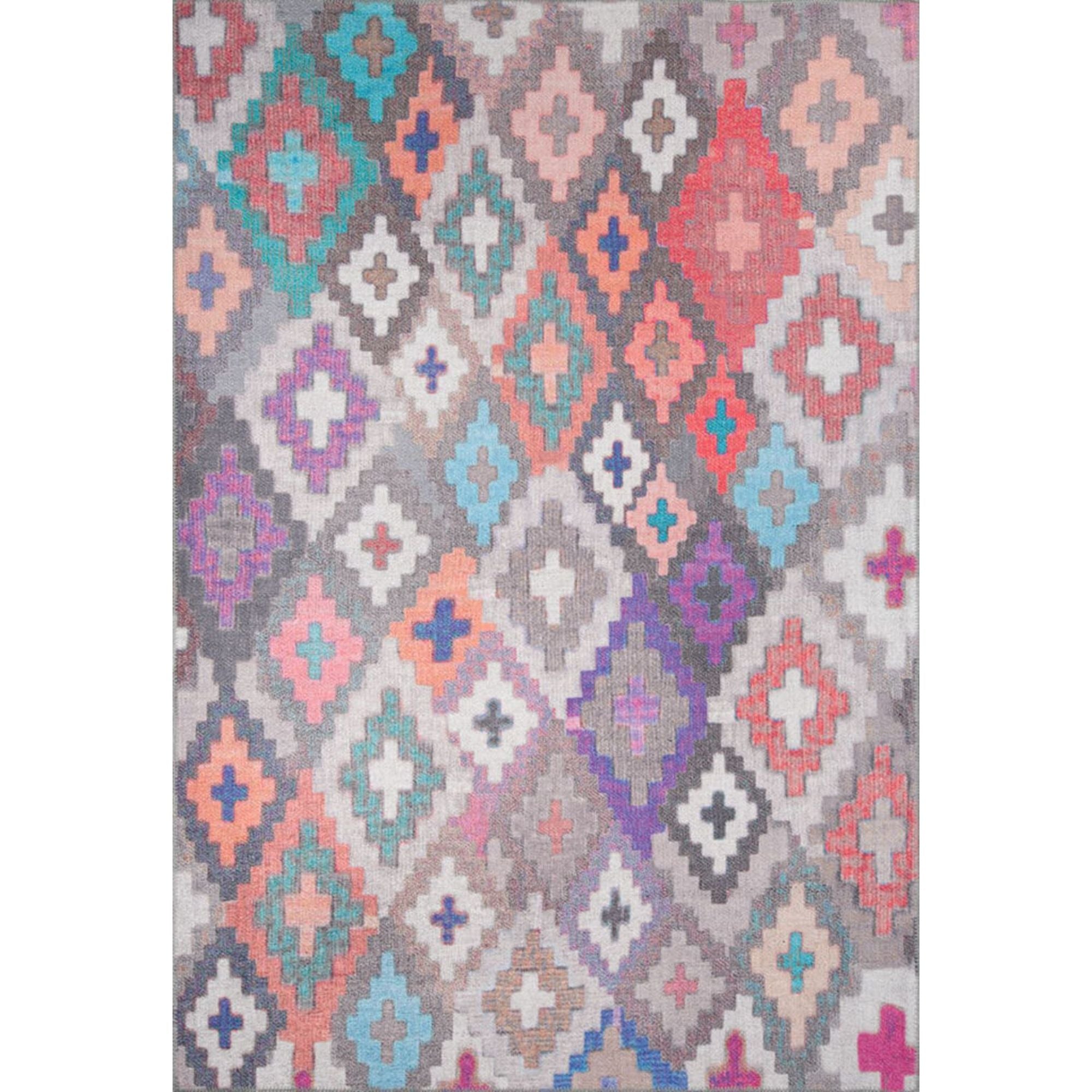 Digital Print Area Rug - Grey Tribal Cotton Washable Non Slip Carpet