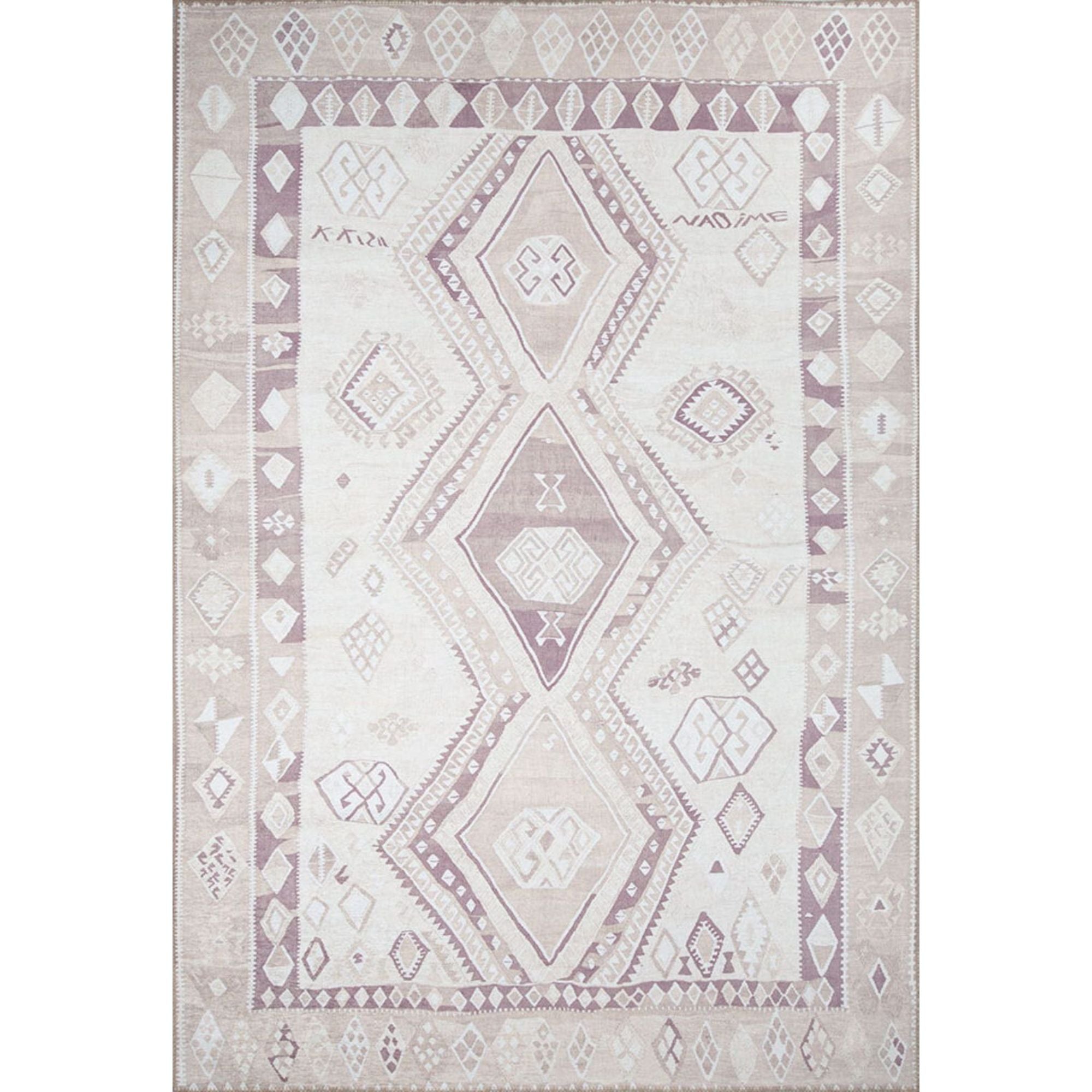 Ethnic Cotton Area Rug - Washable Non Slip Beige Patterned Soft Microfiber Carpet