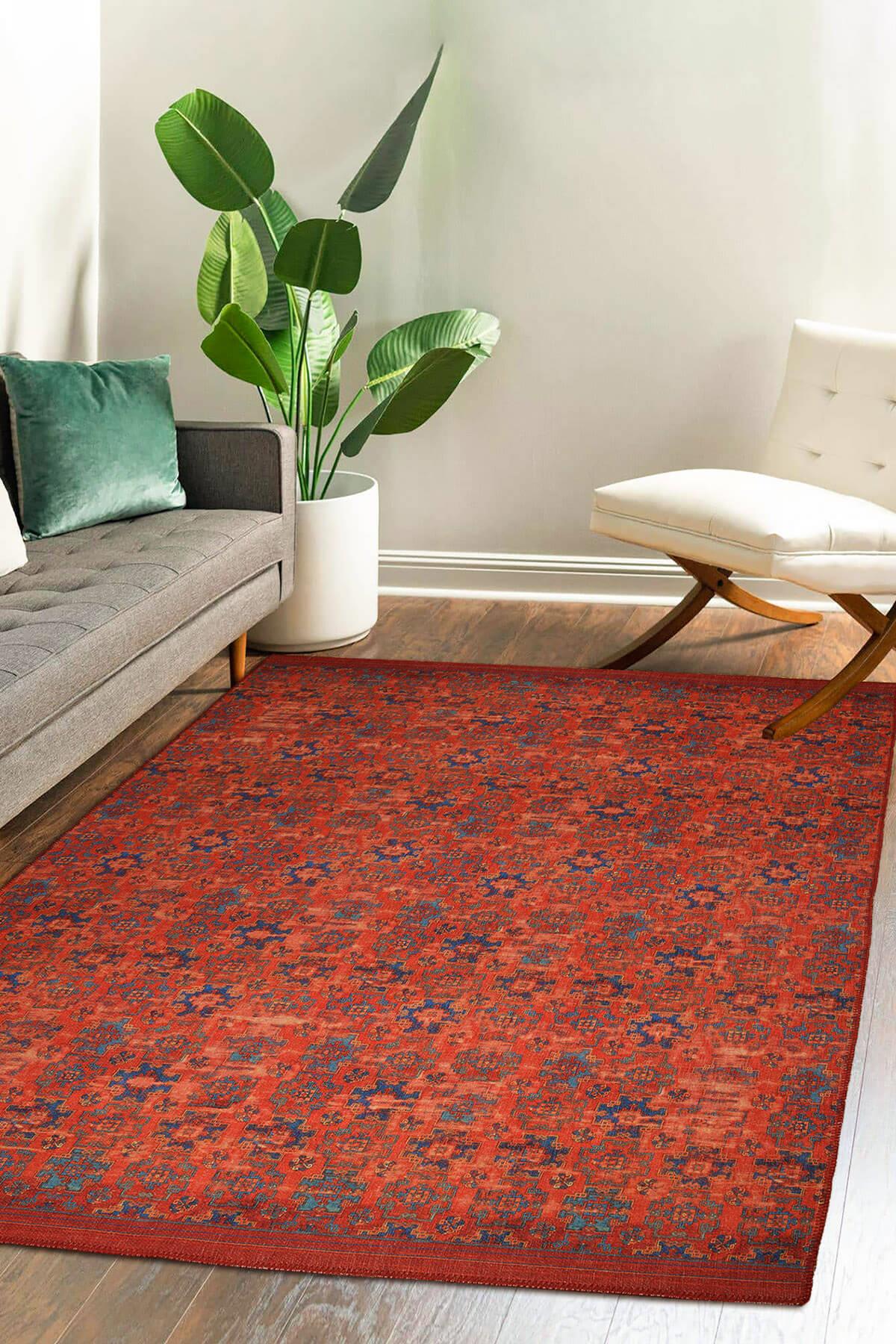 Red Tribal Area Rug - Washable Non Slip Cotton Area Rug for Living Room
