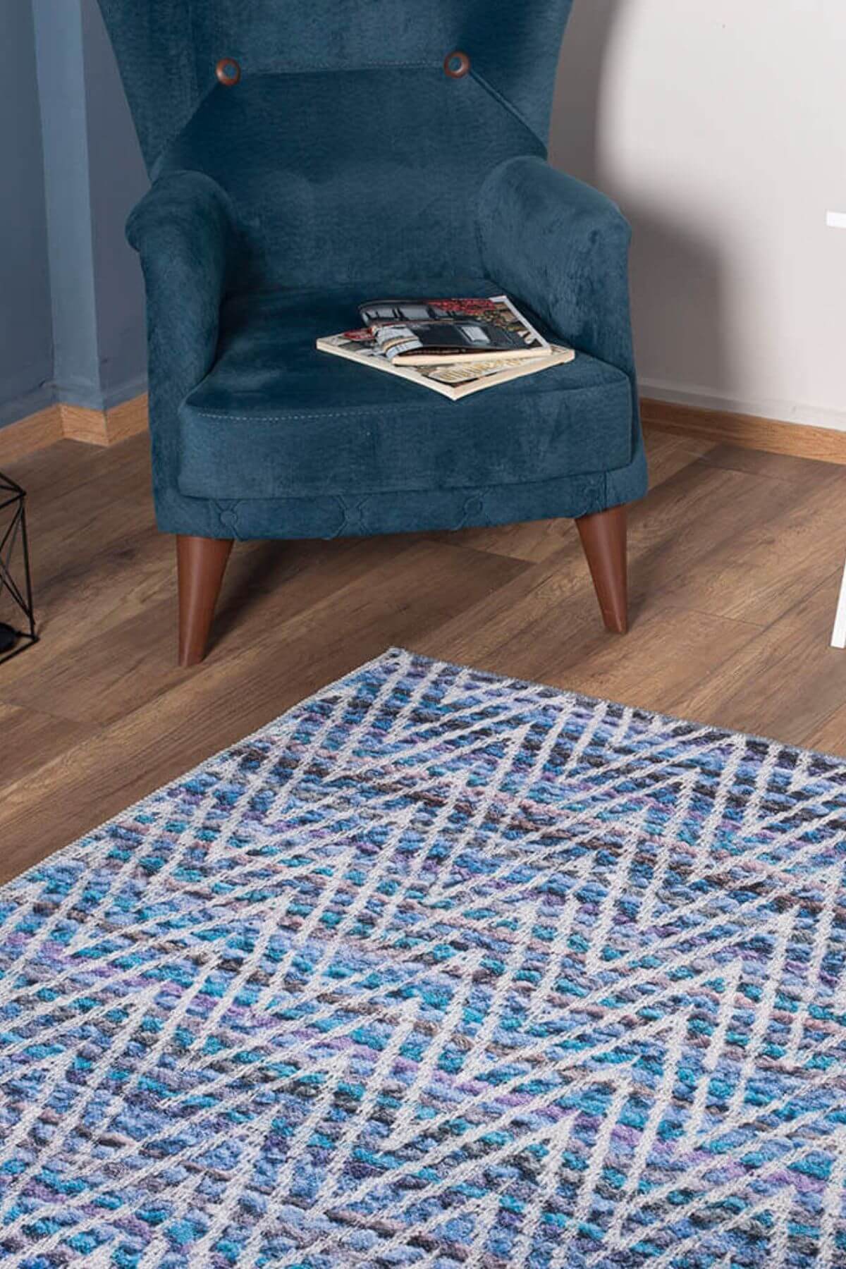 Blue Geometric Area Rug – Washable Non Slip Cotton Rug with High Resolution Print