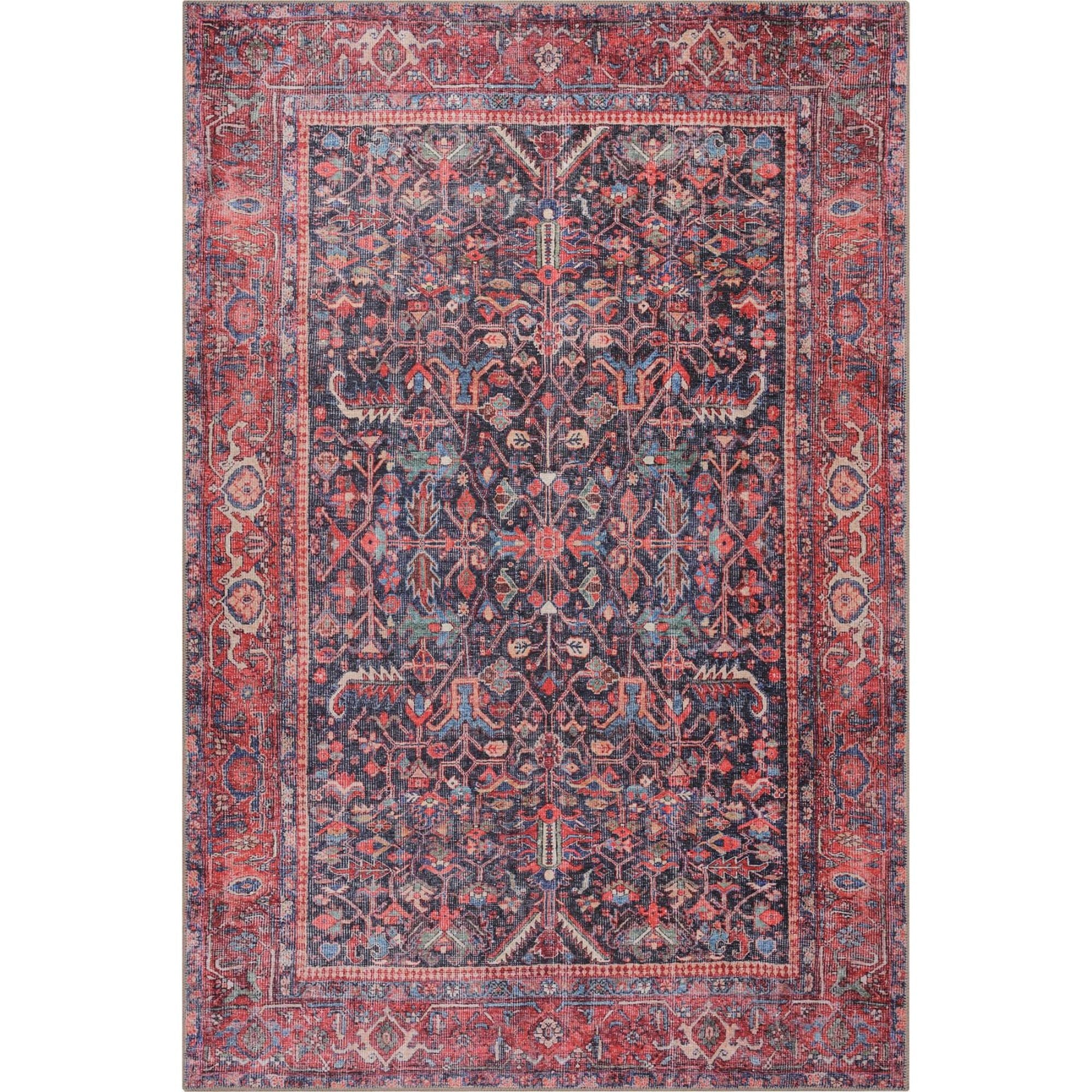 Vintage Cotton Area Rug - Washable Non Slip Red Polyester Woven Rug for Living Room