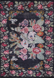 Black Floral Area Rug – Washable Non Slip Cotton Floral Pattern Carpet