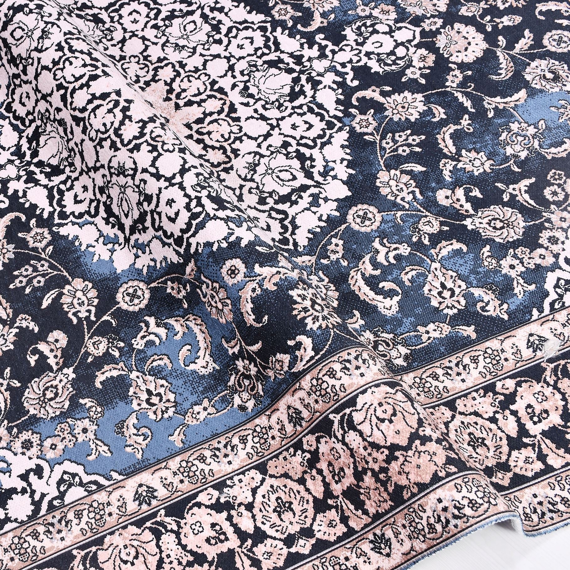 Chenille Area Rug – Washable Non Slip Navy Frame Kilim Rug with Classic Style