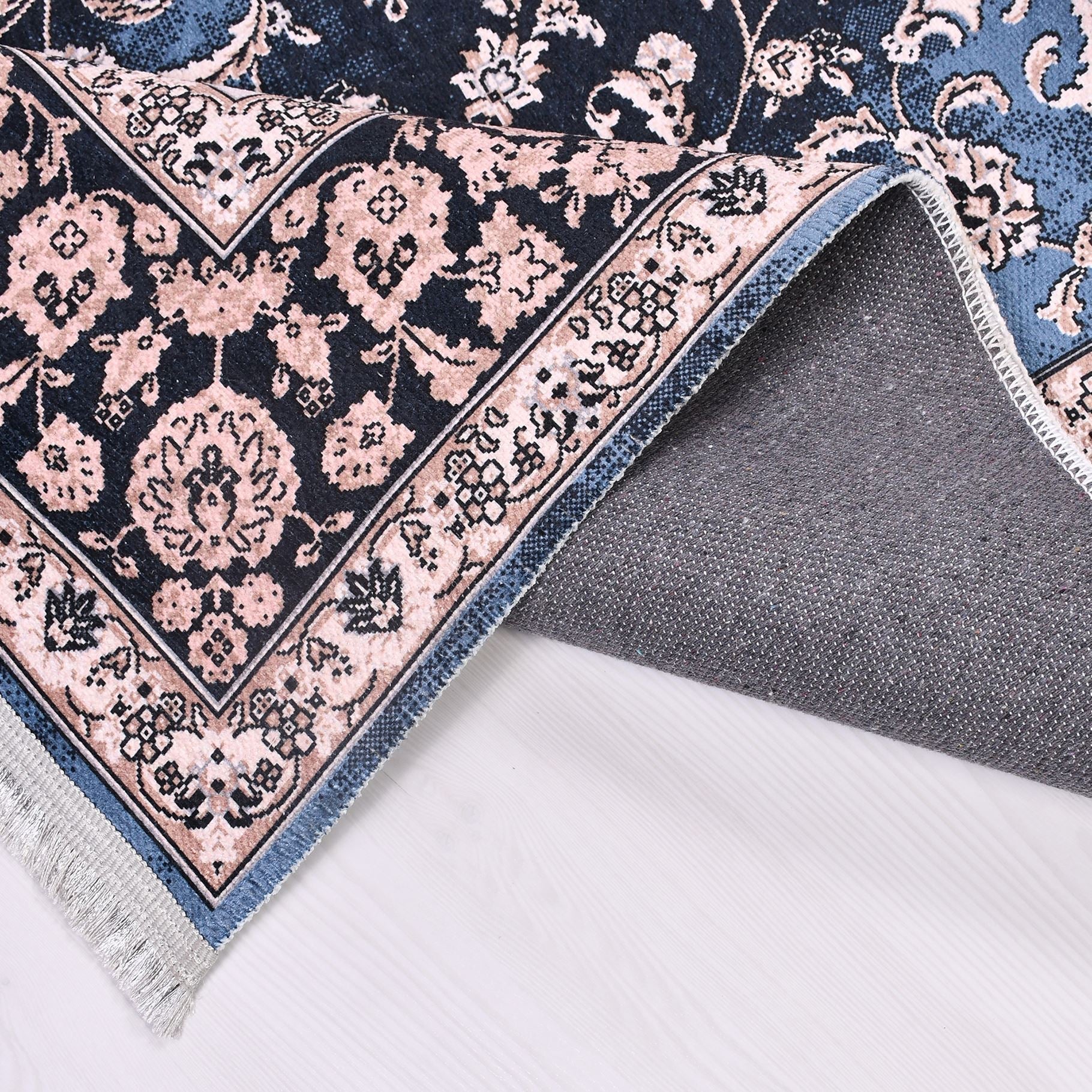 Chenille Area Rug – Washable Non Slip Navy Frame Kilim Rug with Classic Style